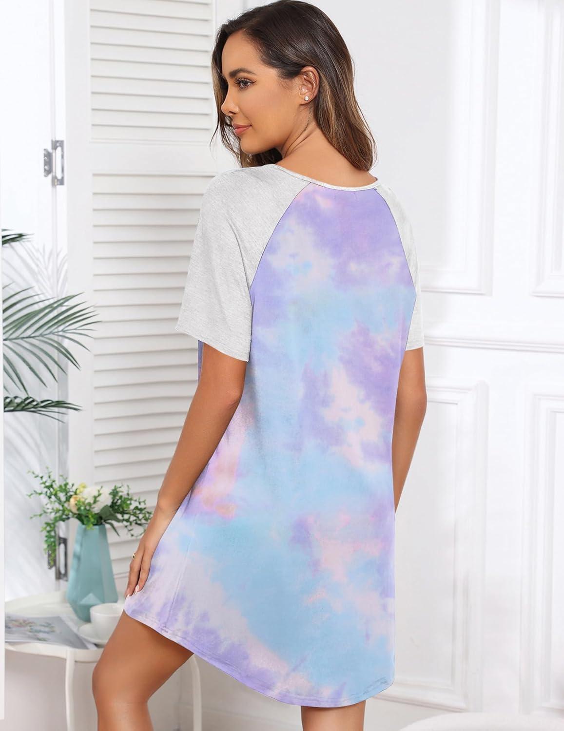 imageEkouaer Sleep Shirts for Women Short Sleeve Night Shirts for Sleeping Pullover Nightgown Soft Nightdress SXXXLPurple Tie Dye