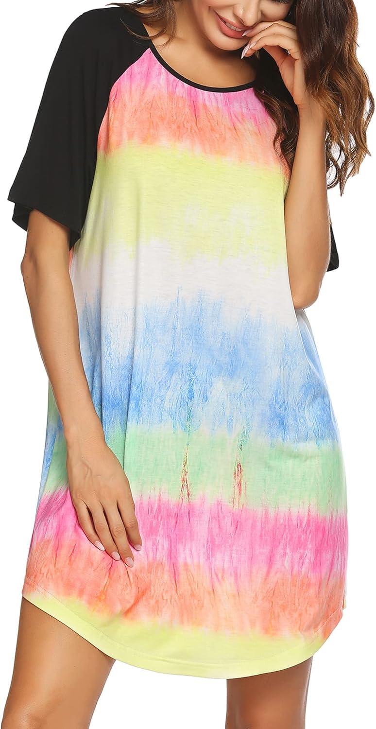 imageEkouaer Sleep Shirts for Women Short Sleeve Night Shirts for Sleeping Pullover Nightgown Soft Nightdress SXXXLTie Dye