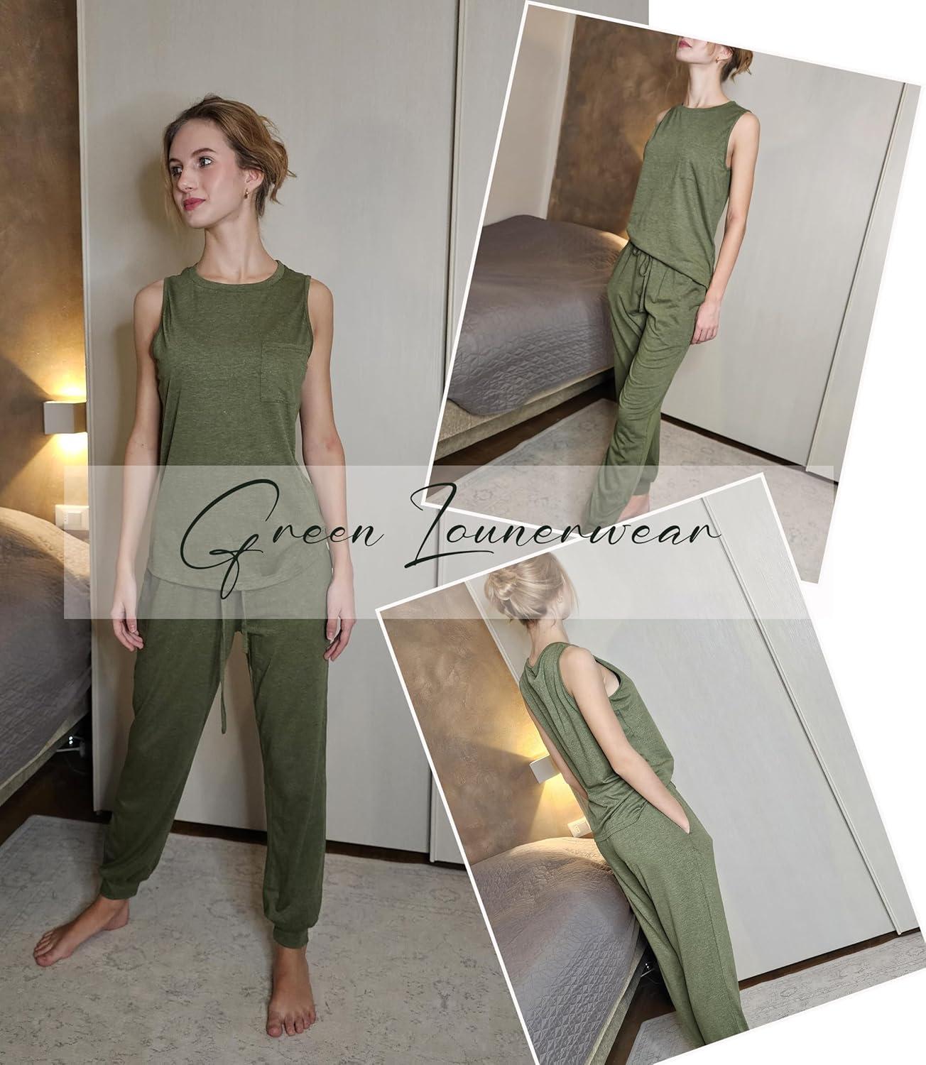 imageEkouaer Two Piece Sets for Women Casual Travel Vacation Outfits Sleeveless Tops and Jogger Pants Lounge SetArmy Green