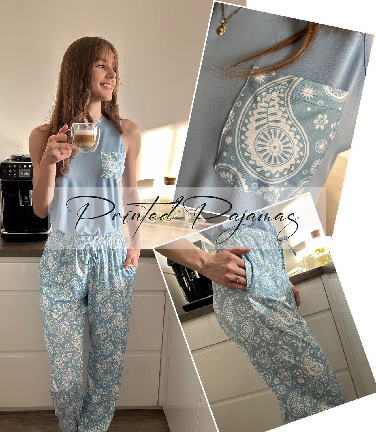 imageEkouaer Two Piece Sets for Women Casual Travel Vacation Outfits Sleeveless Tops and Jogger Pants Lounge SetLight Blue Floral