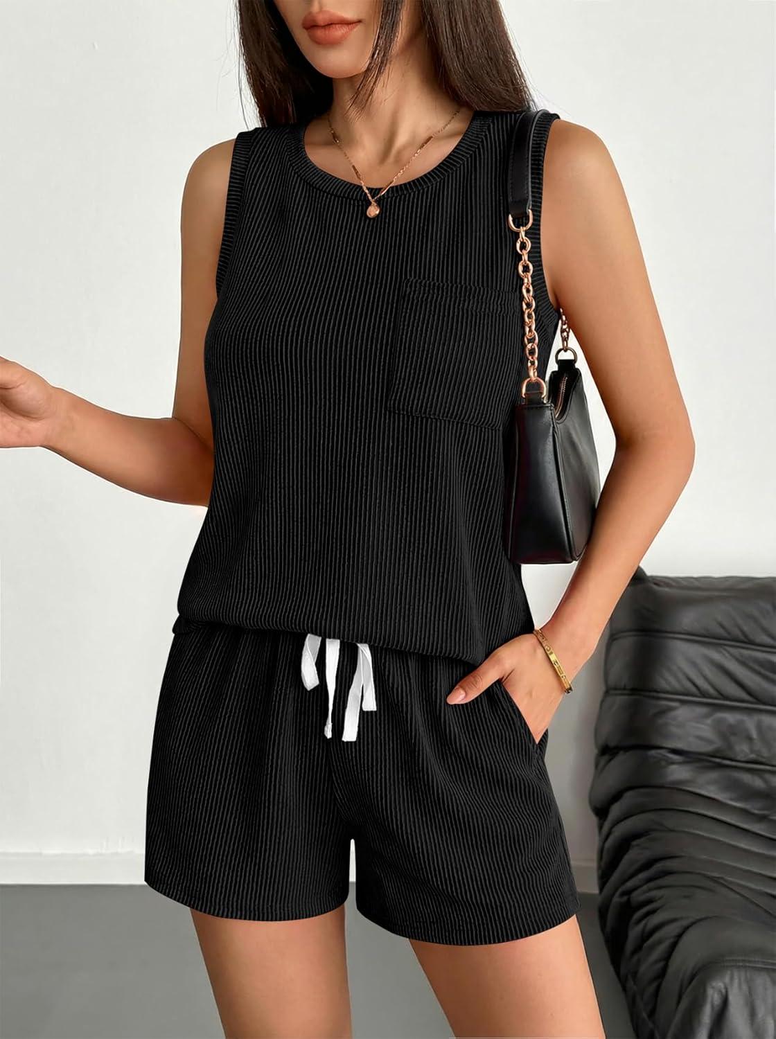 imageEkouaer Two Piece Summer Outfits 2 Piece Sets Cruise Lounge Set Sleeveless Tank amp Shorts Pajama Set with PocketsBlack
