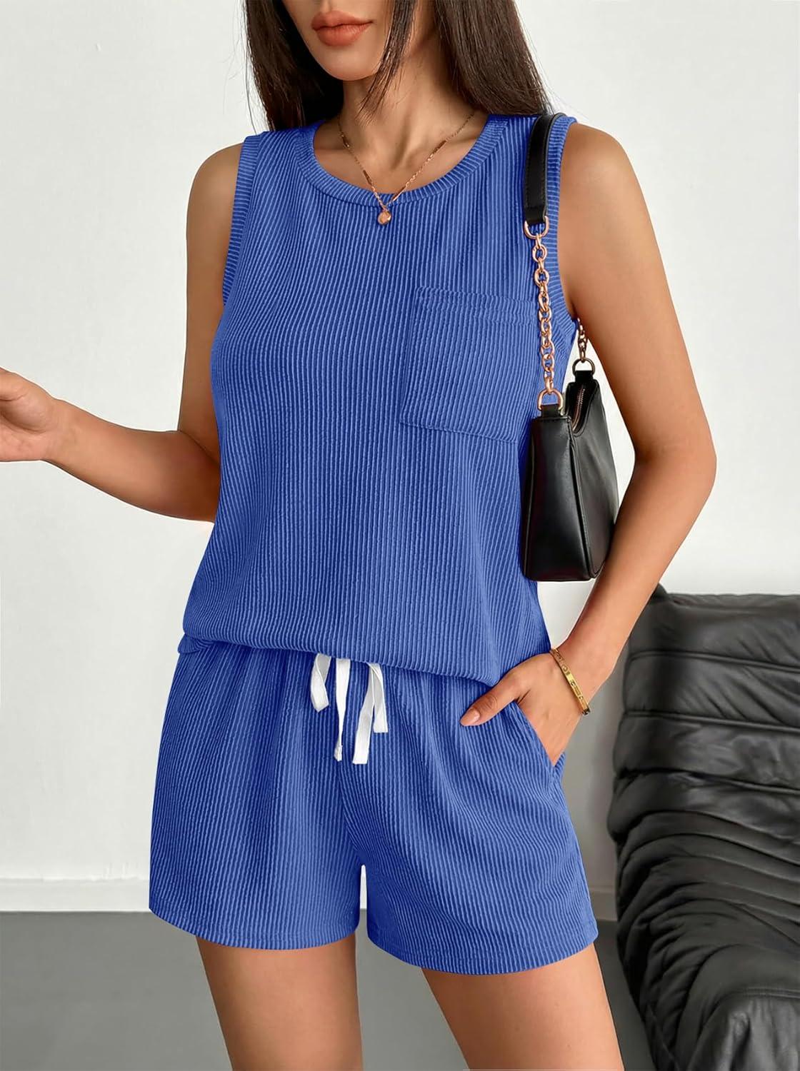 imageEkouaer Two Piece Summer Outfits 2 Piece Sets Cruise Lounge Set Sleeveless Tank amp Shorts Pajama Set with PocketsCampanula