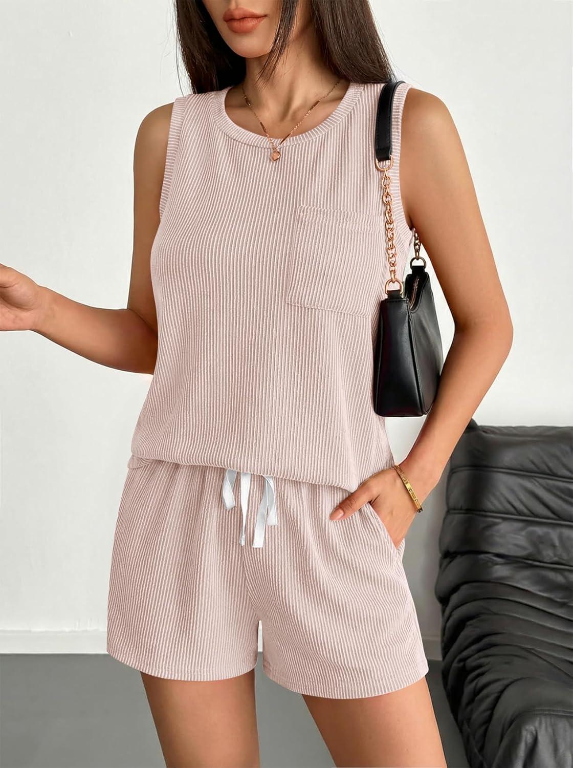 imageEkouaer Two Piece Summer Outfits 2 Piece Sets Cruise Lounge Set Sleeveless Tank amp Shorts Pajama Set with PocketsChampagne