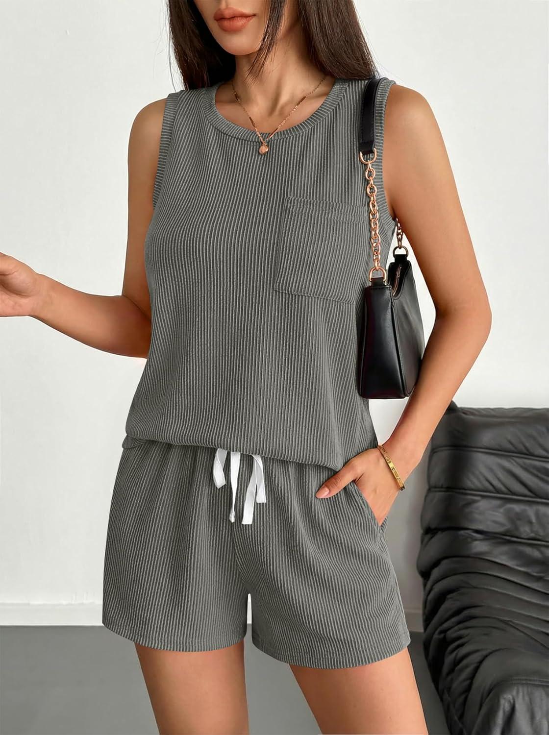 imageEkouaer Two Piece Summer Outfits 2 Piece Sets Cruise Lounge Set Sleeveless Tank amp Shorts Pajama Set with PocketsCoffee