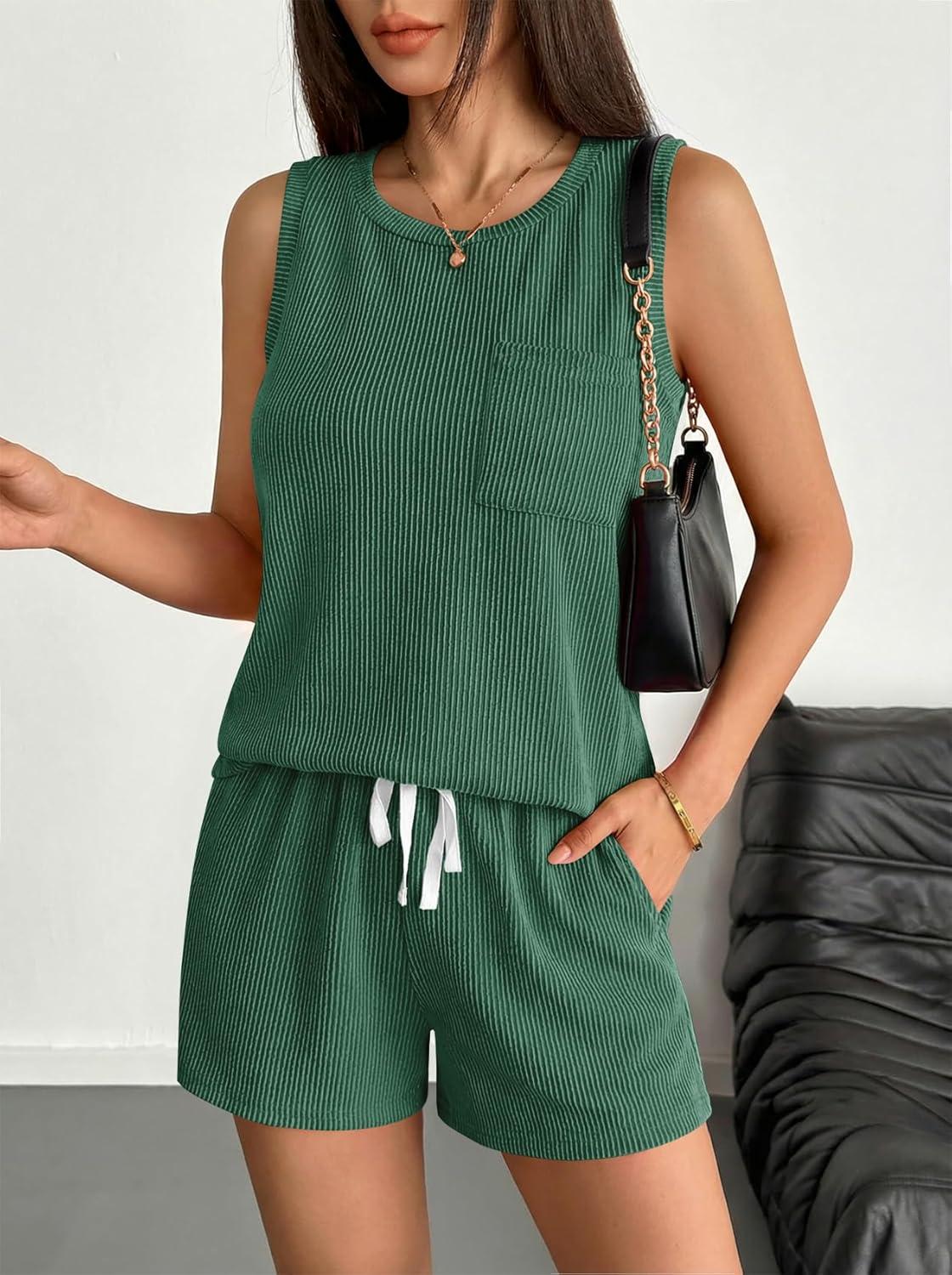 imageEkouaer Two Piece Summer Outfits 2 Piece Sets Cruise Lounge Set Sleeveless Tank amp Shorts Pajama Set with PocketsForest Green