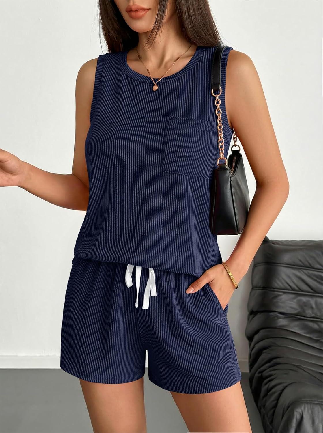 imageEkouaer Two Piece Summer Outfits 2 Piece Sets Cruise Lounge Set Sleeveless Tank amp Shorts Pajama Set with PocketsNavy Blue