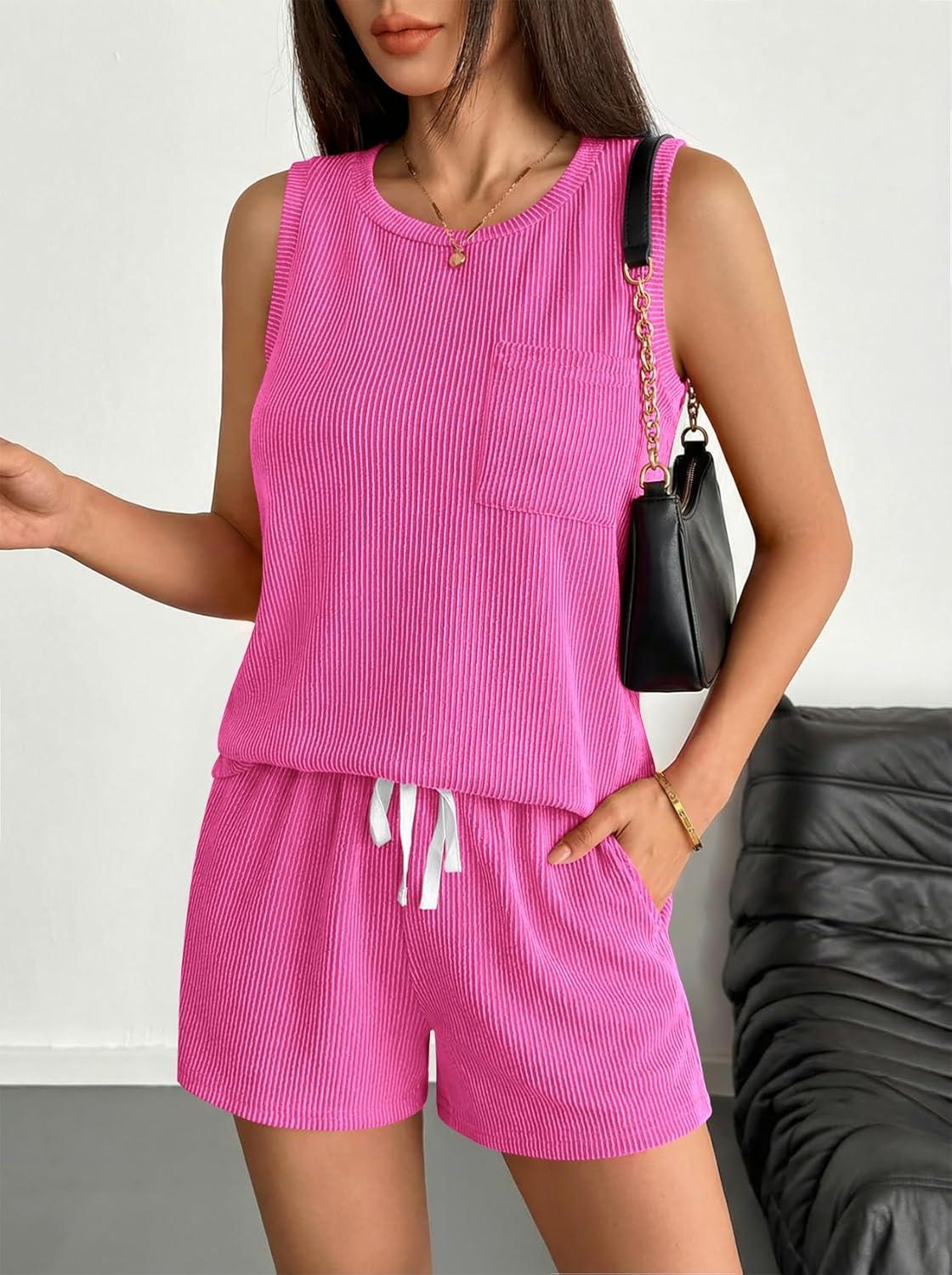 imageEkouaer Two Piece Summer Outfits 2 Piece Sets Cruise Lounge Set Sleeveless Tank amp Shorts Pajama Set with PocketsRaspberry Sorbet