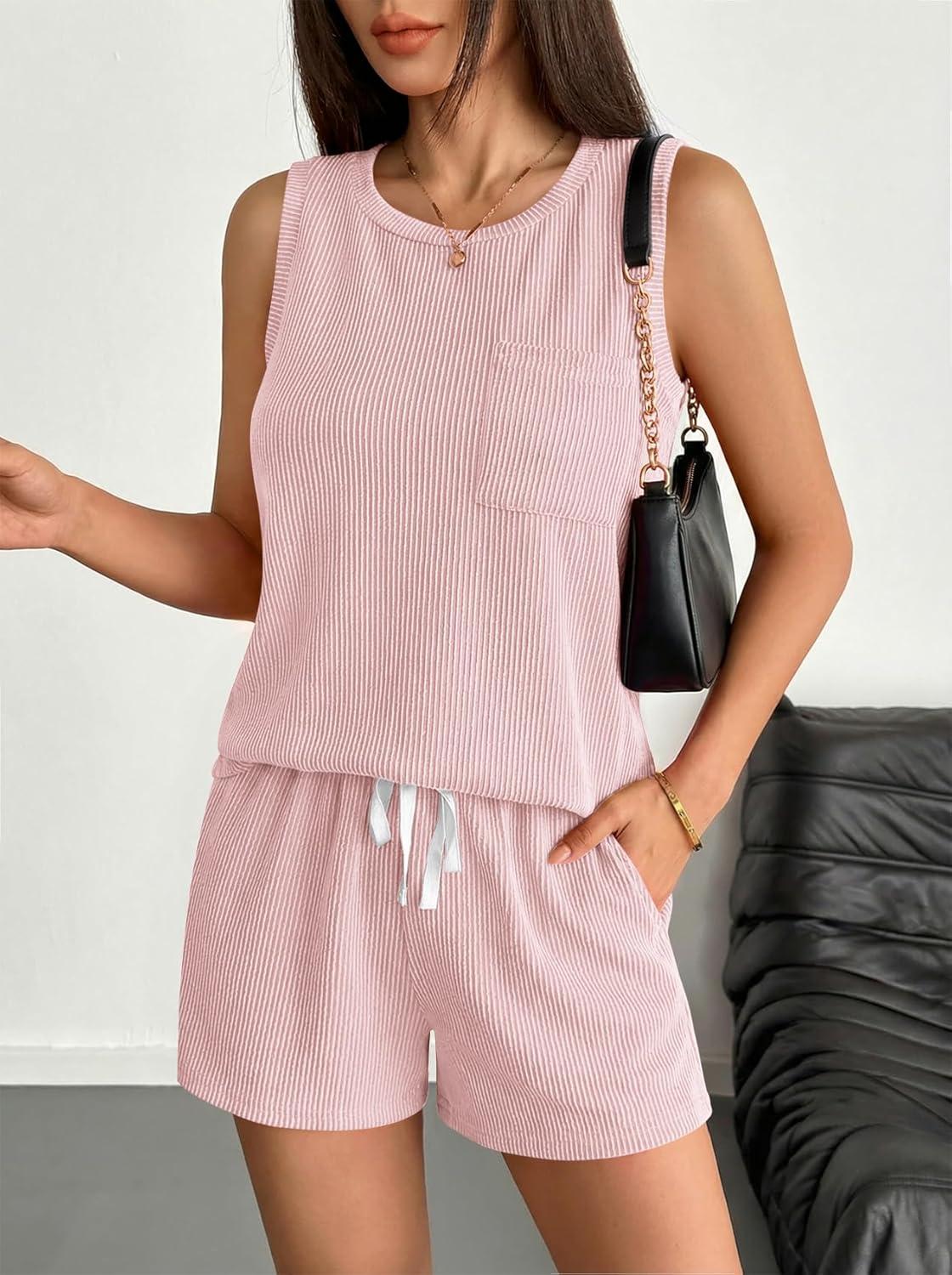 imageEkouaer Two Piece Summer Outfits 2 Piece Sets Cruise Lounge Set Sleeveless Tank amp Shorts Pajama Set with PocketsVeiled Rose