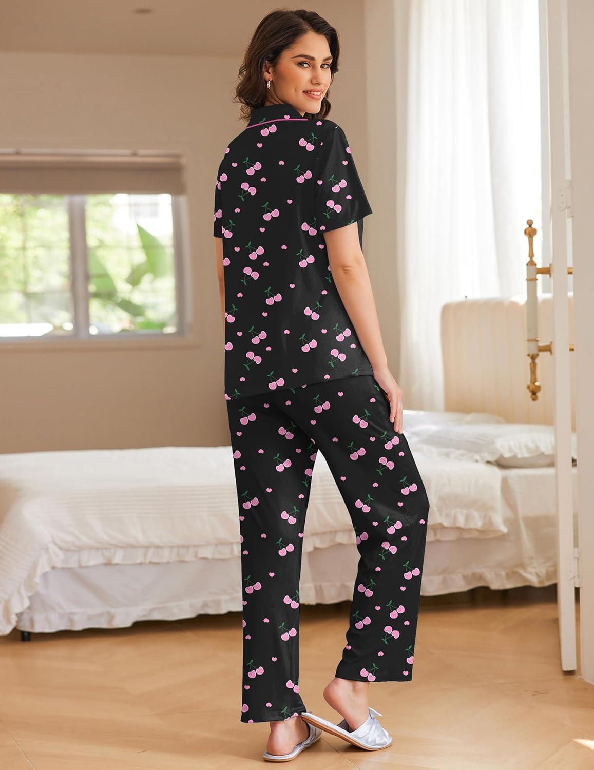 imageEkouaer Women Pajamas Set Button Down Sleepwear Short Sleeve Nightwear with Long Pants Soft Pjs Set SXXLBlack Cherry Fp14