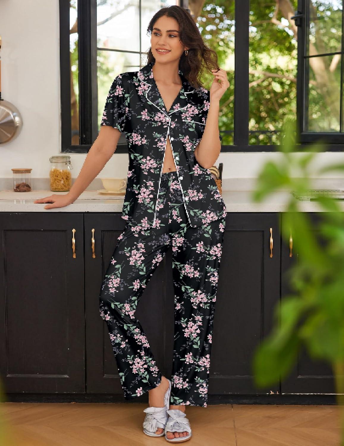 imageEkouaer Women Pajamas Set Button Down Sleepwear Short Sleeve Nightwear with Long Pants Soft Pjs Set SXXLBlack Flowers