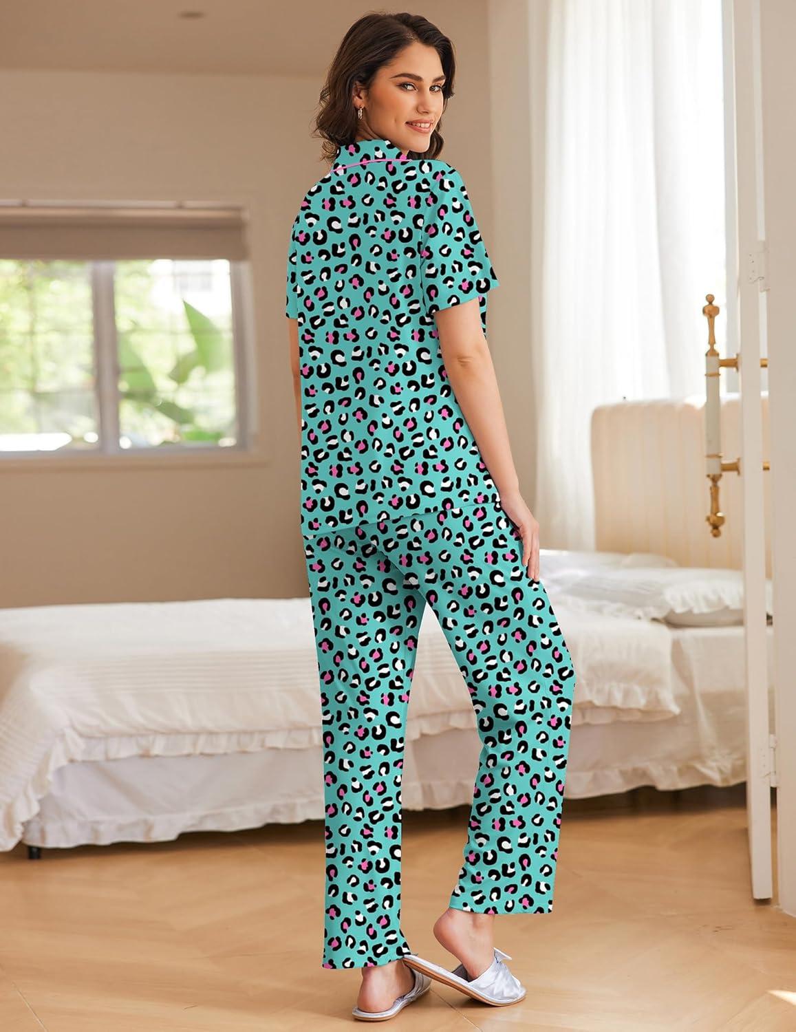 imageEkouaer Women Pajamas Set Button Down Sleepwear Short Sleeve Nightwear with Long Pants Soft Pjs Set SXXLGreen Leopard An387