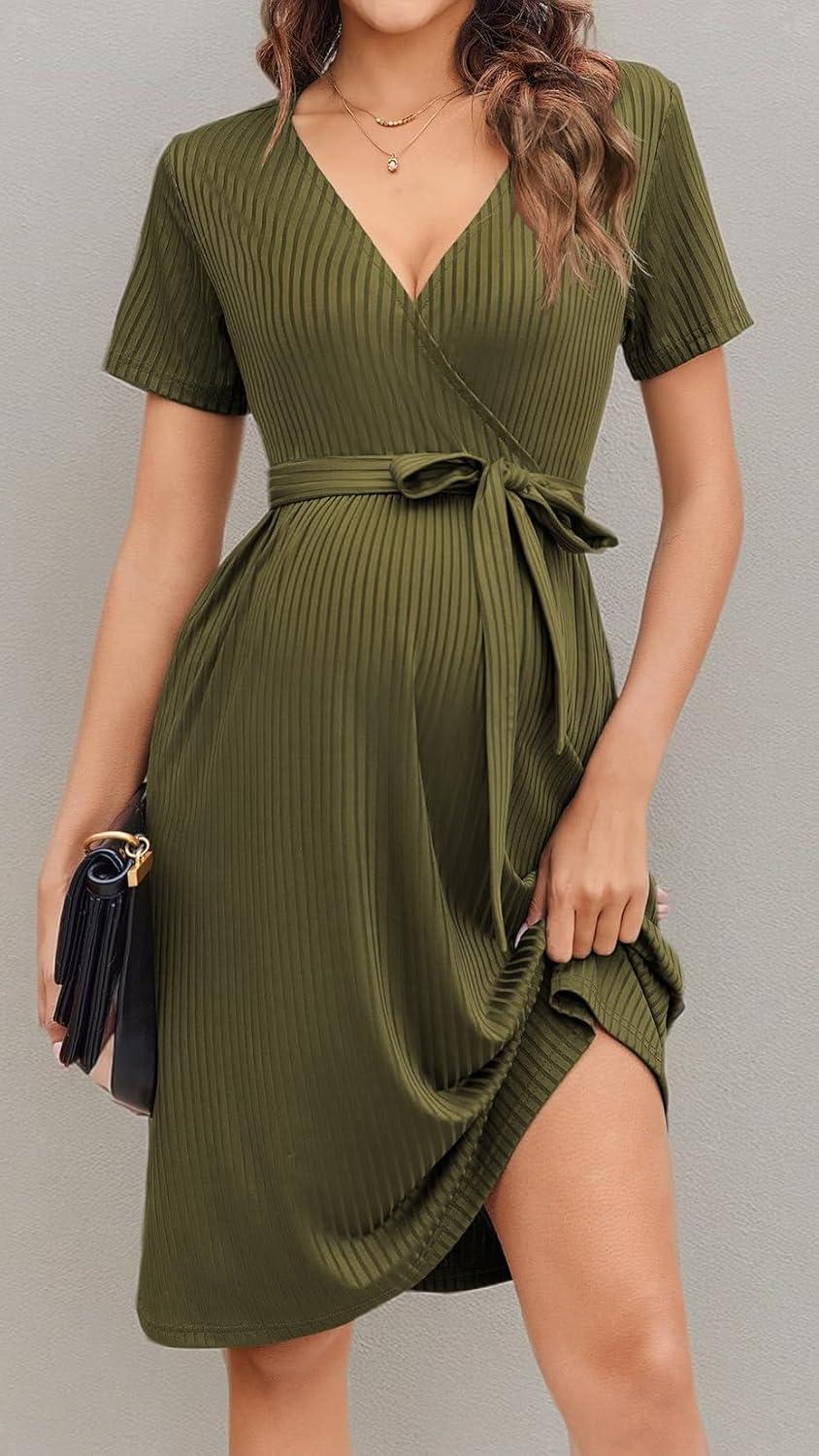 imageEkouaer Women Short Sleeve Maternity Nursing Dress Casual V Neck Breastfeeding Loungewear Ribbed Knit Pregnancy Dresses SXXLArmy Green