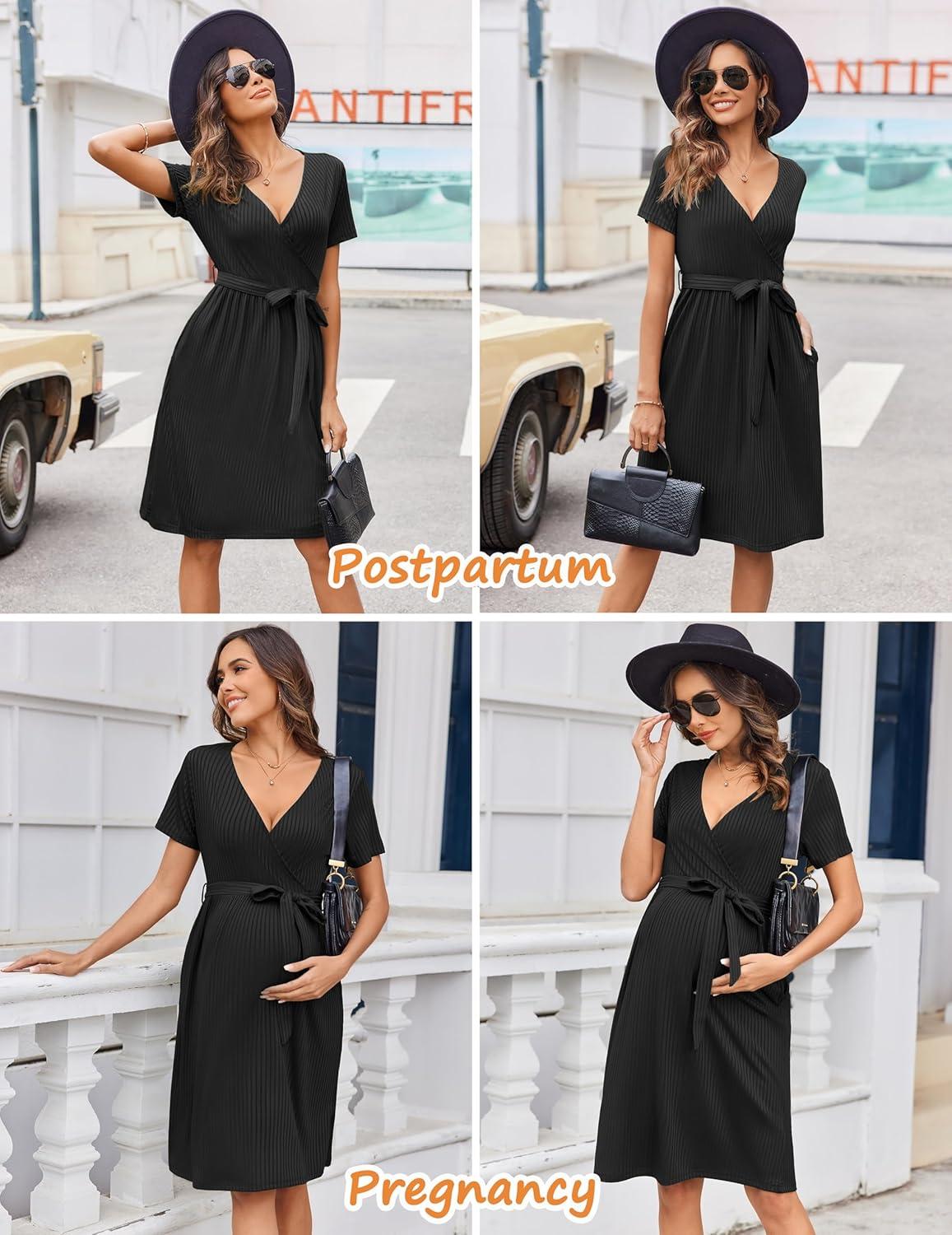 imageEkouaer Women Short Sleeve Maternity Nursing Dress Casual V Neck Breastfeeding Loungewear Ribbed Knit Pregnancy Dresses SXXLBlack