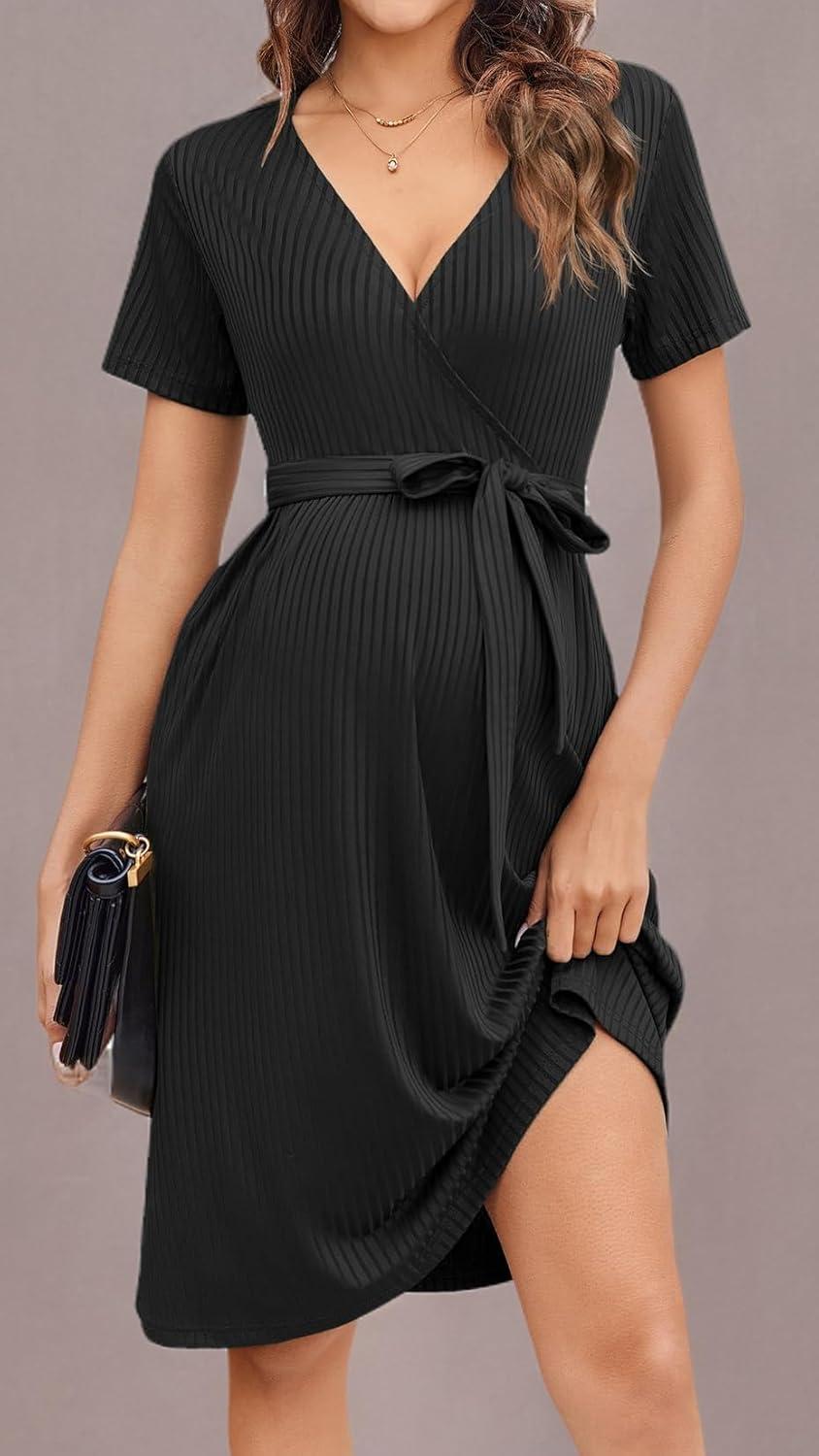 imageEkouaer Women Short Sleeve Maternity Nursing Dress Casual V Neck Breastfeeding Loungewear Ribbed Knit Pregnancy Dresses SXXLBlack