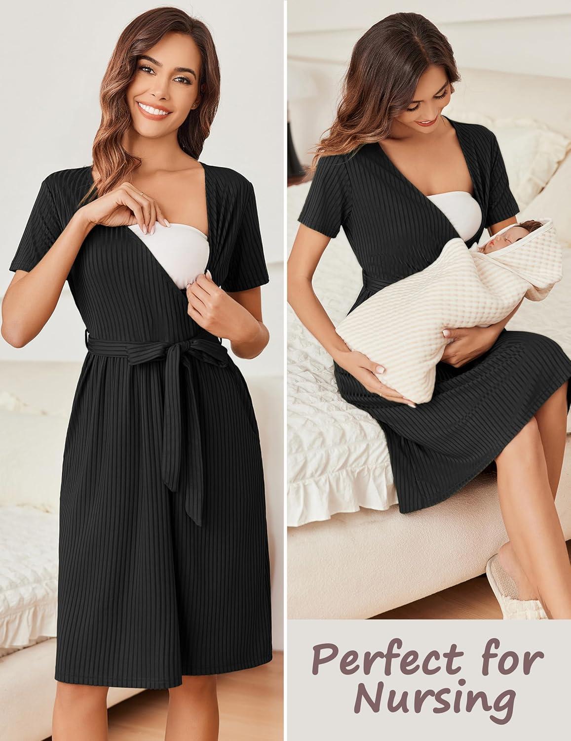 imageEkouaer Women Short Sleeve Maternity Nursing Dress Casual V Neck Breastfeeding Loungewear Ribbed Knit Pregnancy Dresses SXXLBlack