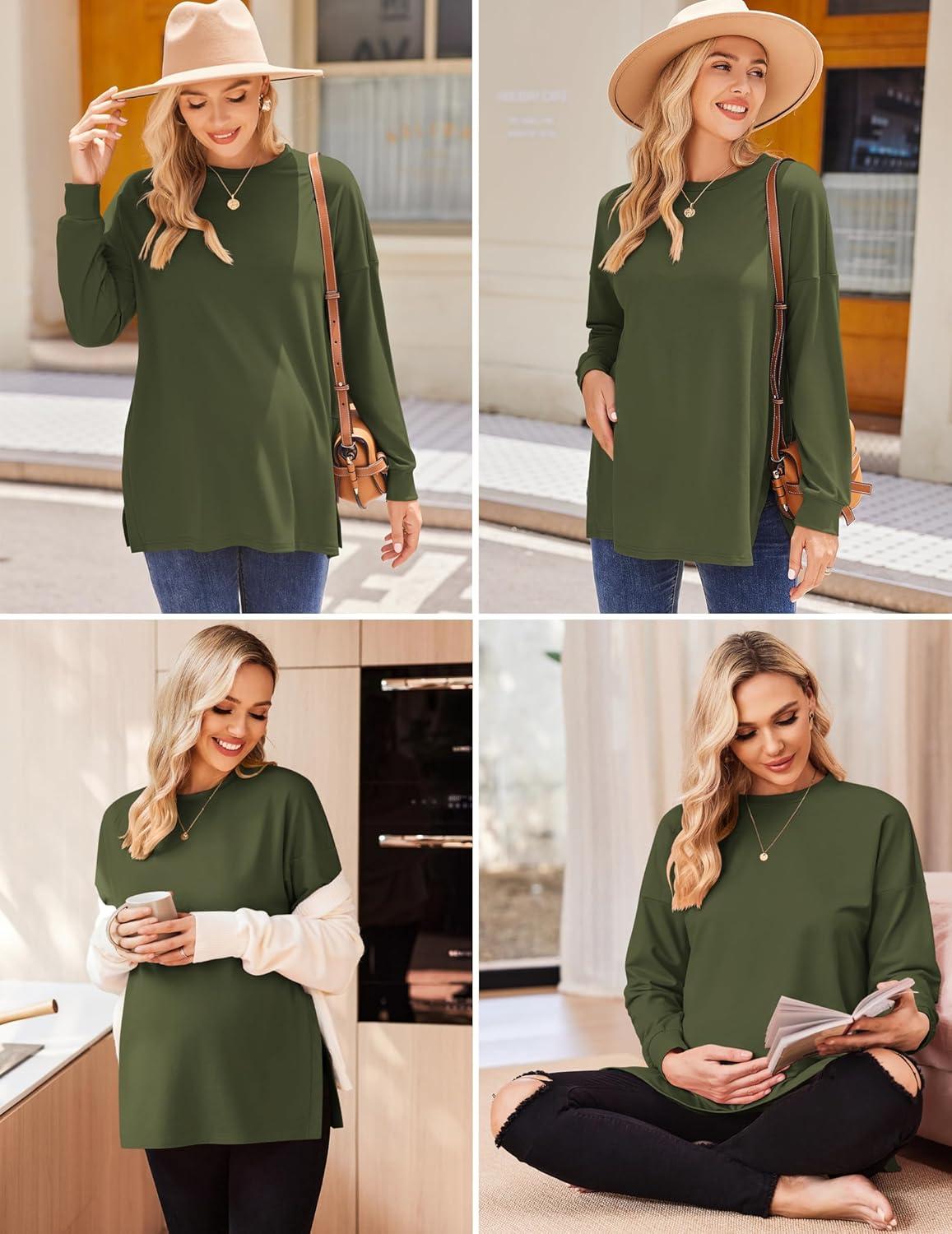 imageEkouaer Womens 3 Packs Maternity Shirts Long Sleeve Side Ruched Pregnancy Tee Workout Top Tunic Blouse Mama Clothes3pcs Black Army Green Grey