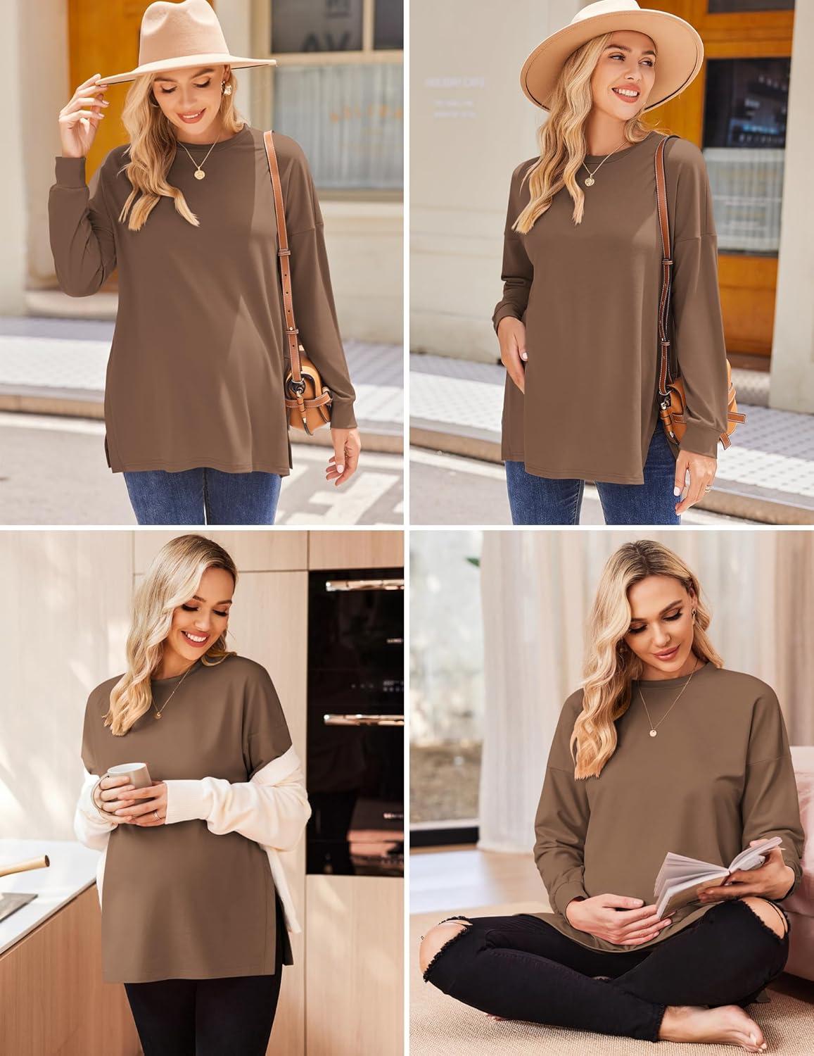 imageEkouaer Womens 3 Packs Maternity Shirts Long Sleeve Side Ruched Pregnancy Tee Workout Top Tunic Blouse Mama Clothes3pcs Black Brown Khaki