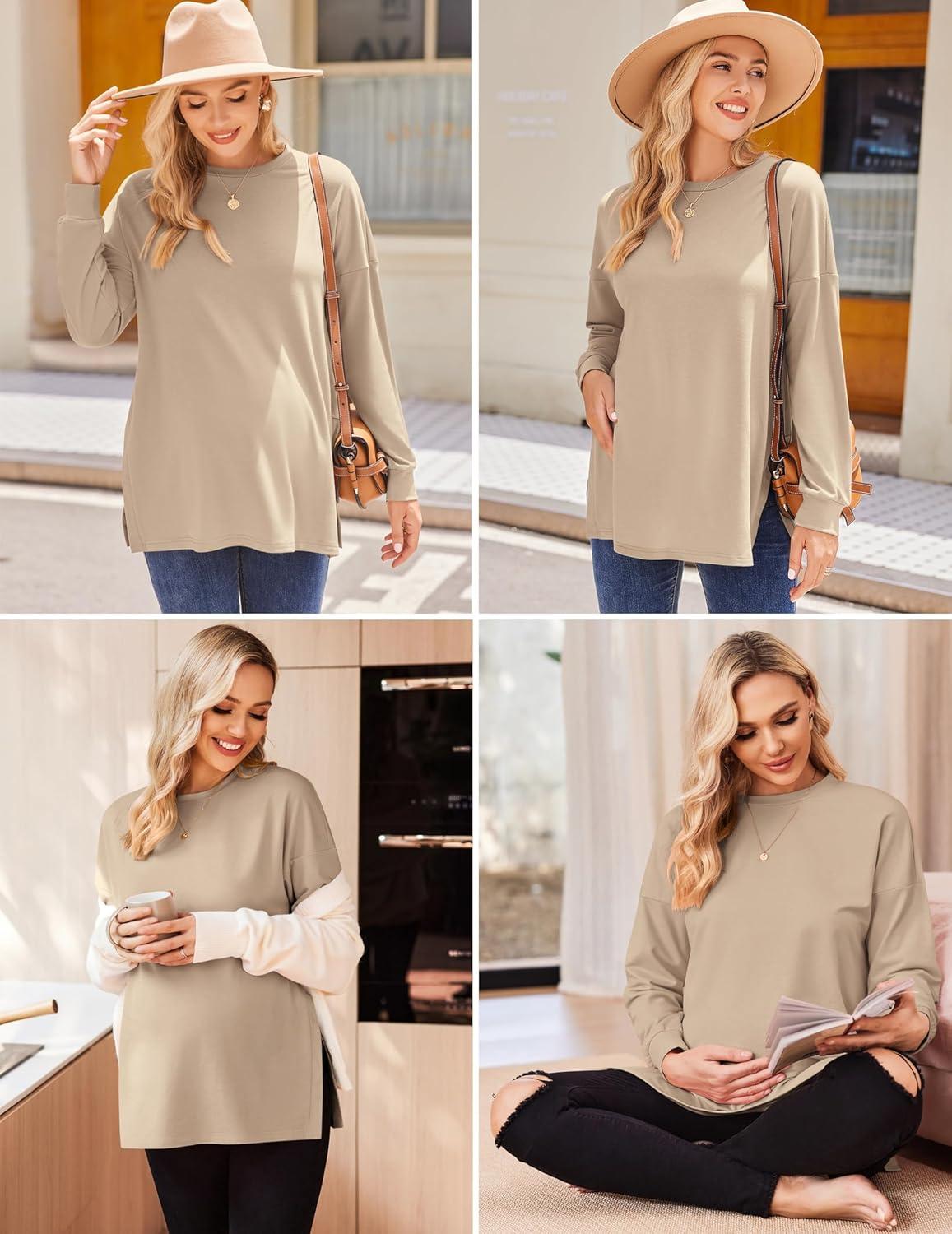 imageEkouaer Womens 3 Packs Maternity Shirts Long Sleeve Side Ruched Pregnancy Tee Workout Top Tunic Blouse Mama Clothes3pcs Black Brown Khaki