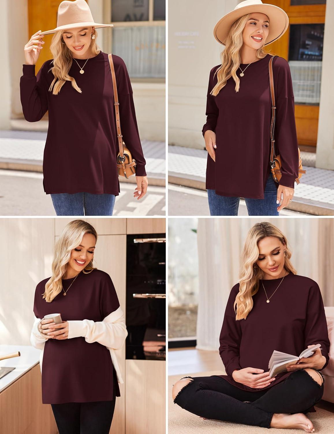 imageEkouaer Womens 3 Packs Maternity Shirts Long Sleeve Side Ruched Pregnancy Tee Workout Top Tunic Blouse Mama Clothes3pcs Black Burgundy Red White