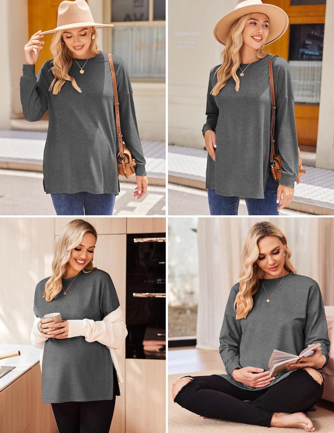 imageEkouaer Womens 3 Packs Maternity Shirts Long Sleeve Side Ruched Pregnancy Tee Workout Top Tunic Blouse Mama Clothes3pcs Black Dark Grey Green