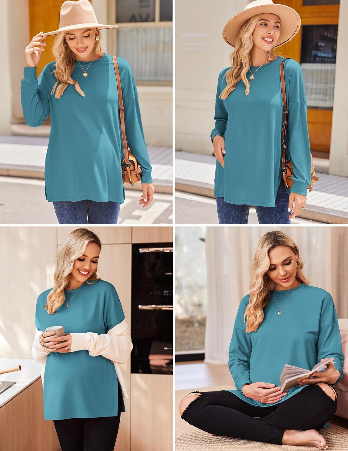 imageEkouaer Womens 3 Packs Maternity Shirts Long Sleeve Side Ruched Pregnancy Tee Workout Top Tunic Blouse Mama Clothes3pcs Black Green Teal