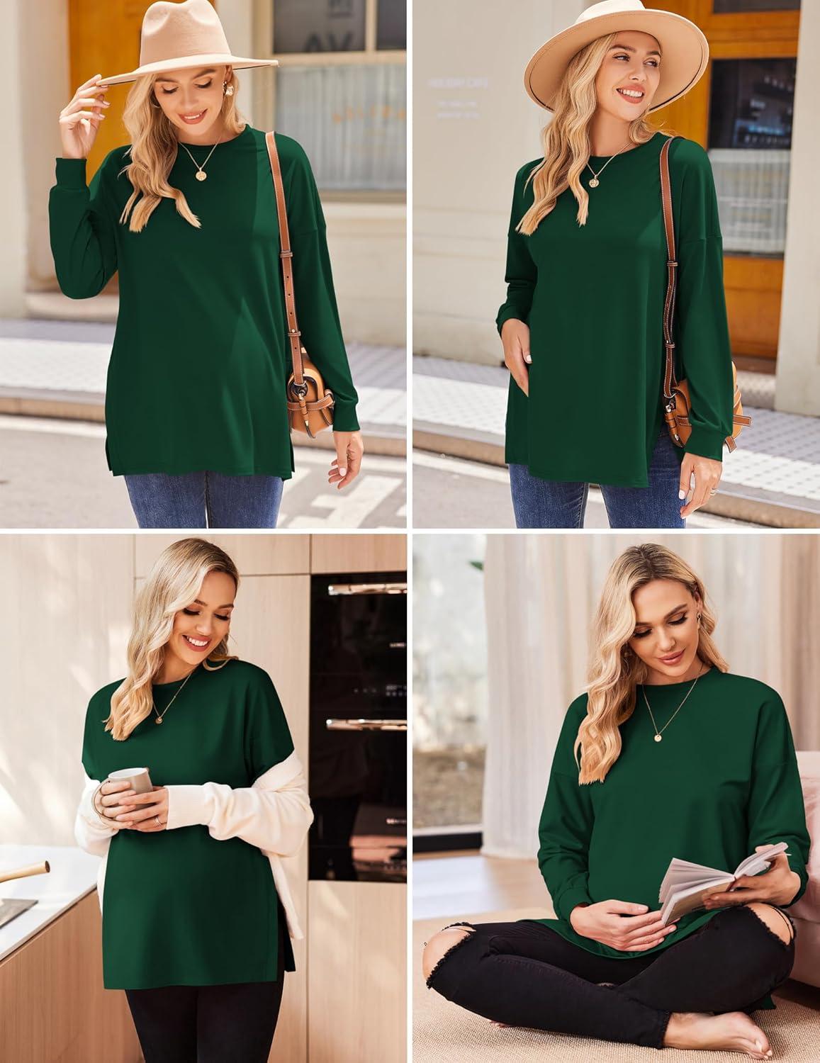 imageEkouaer Womens 3 Packs Maternity Shirts Long Sleeve Side Ruched Pregnancy Tee Workout Top Tunic Blouse Mama Clothes3pcs Black Green Teal
