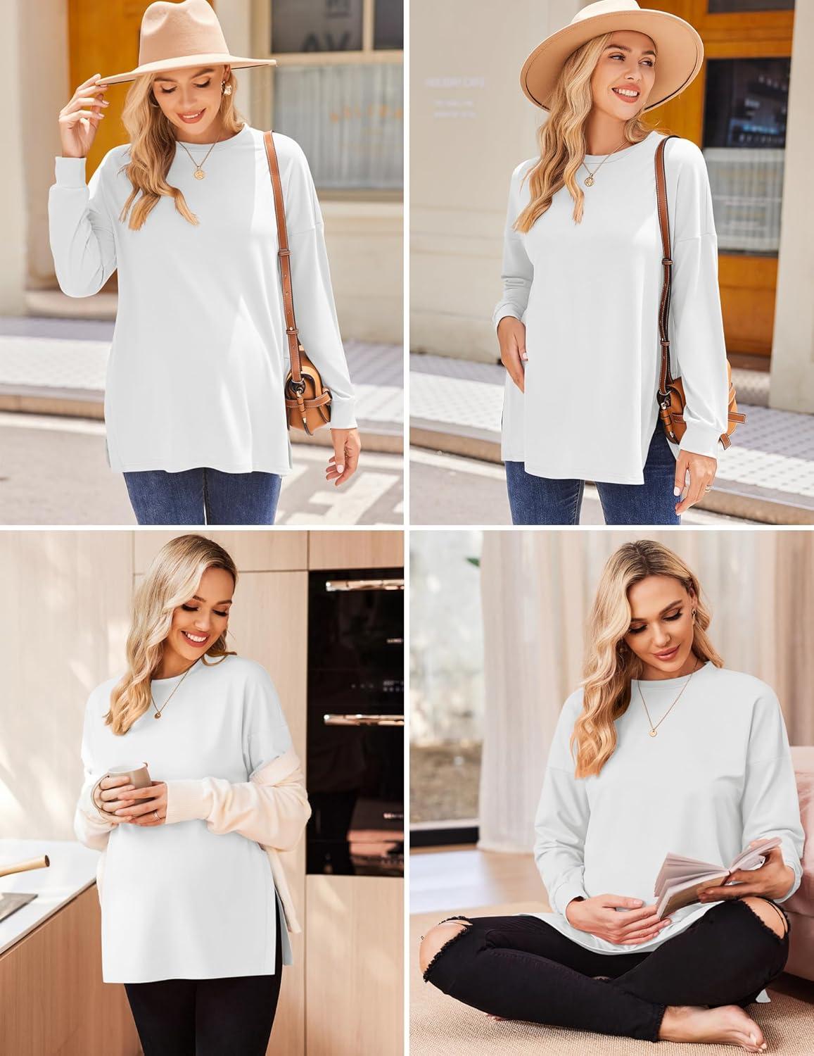 imageEkouaer Womens 3 Packs Maternity Shirts Long Sleeve Side Ruched Pregnancy Tee Workout Top Tunic Blouse Mama Clothes3pcs Black White Grey