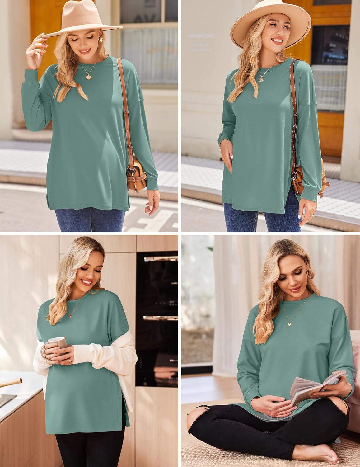 imageEkouaer Womens 3 Packs Maternity Shirts Long Sleeve Side Ruched Pregnancy Tee Workout Top Tunic Blouse Mama Clothes3pcs Black White Sage Green