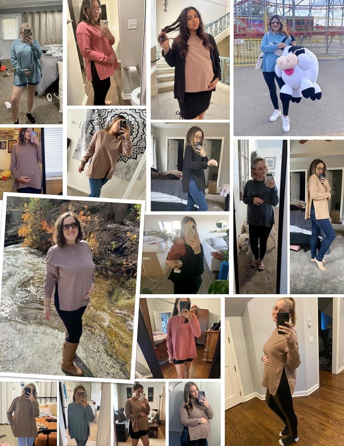 imageEkouaer Womens 3 Packs Maternity Shirts Long Sleeve Side Ruched Pregnancy Tee Workout Top Tunic Blouse Mama Clothes3pcs Burgundy Red Caramel Dark Grey