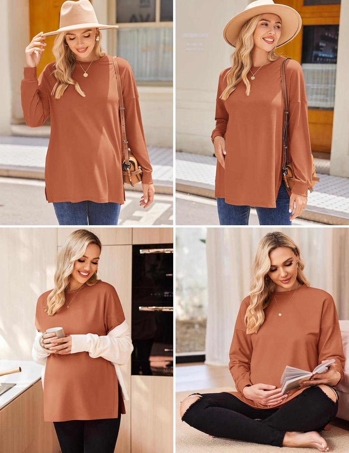 imageEkouaer Womens 3 Packs Maternity Shirts Long Sleeve Side Ruched Pregnancy Tee Workout Top Tunic Blouse Mama Clothes3pcs Burgundy Red Caramel Dark Grey