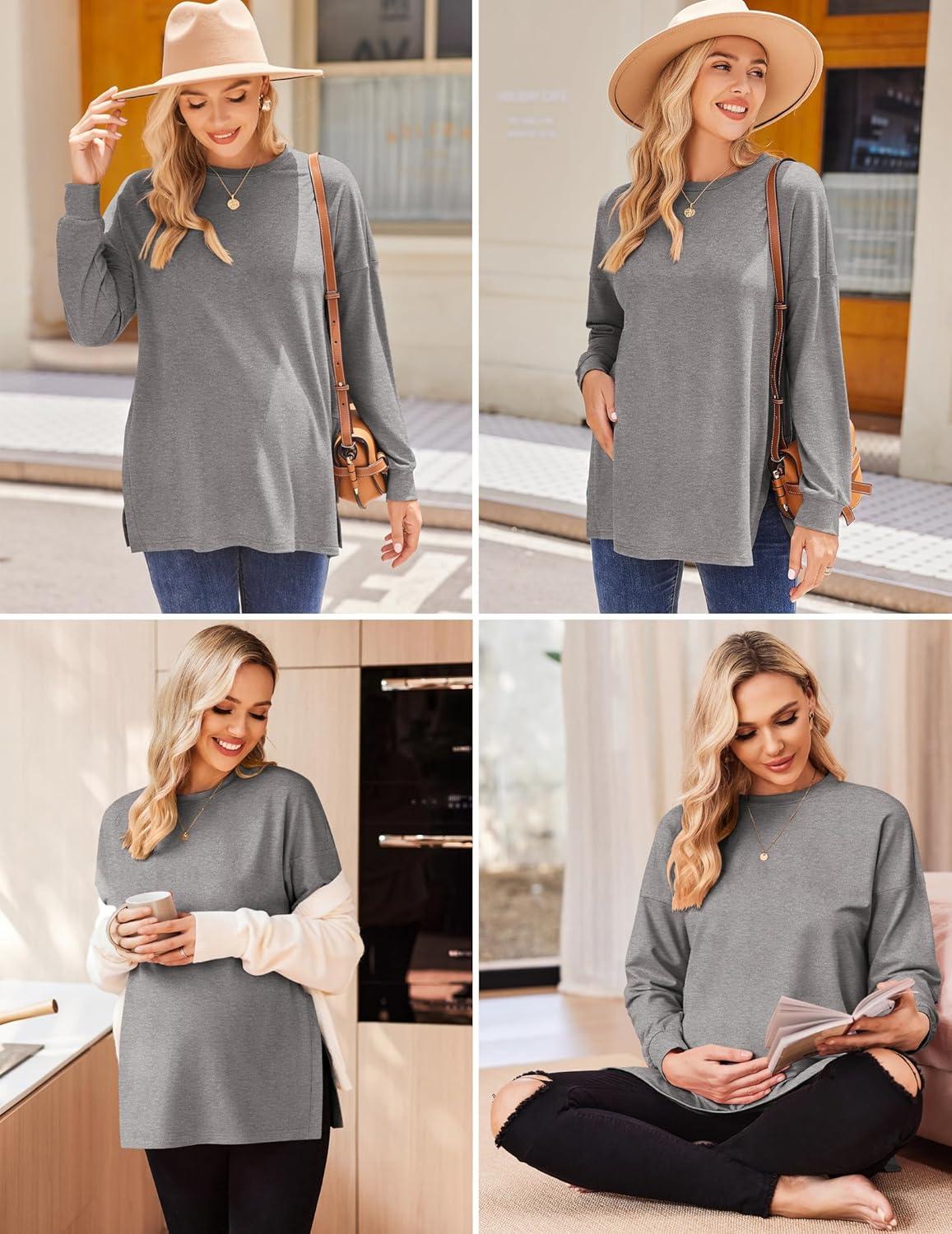 imageEkouaer Womens 3 Packs Maternity Shirts Long Sleeve Side Ruched Pregnancy Tee Workout Top Tunic Blouse Mama Clothes3pcs Burgundy Red Caramel Dark Grey