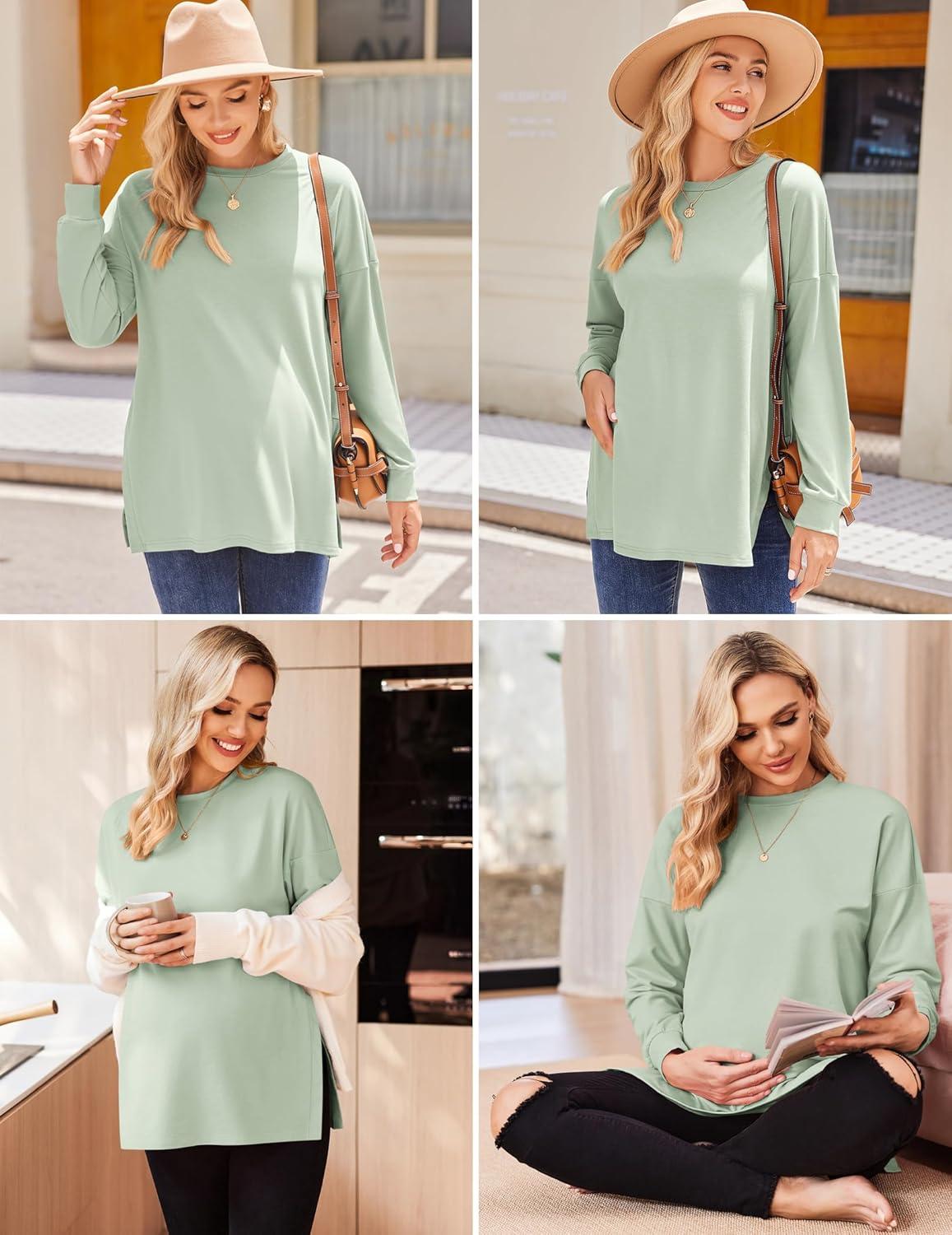 imageEkouaer Womens 3 Packs Maternity Shirts Long Sleeve Side Ruched Pregnancy Tee Workout Top Tunic Blouse Mama Clothes3pcs Dirty Pink Khaki Mintgreen
