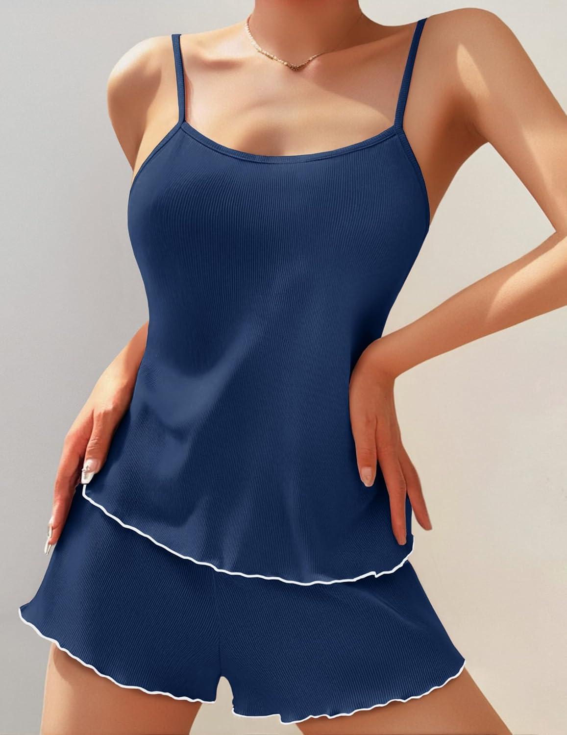 imageEkouaer Womens Cami Pajama Sets 2 Piece Ribbed Knit PJs Soft Lingerie Sleeveless Tank Top and Shorts Camisole Lounge SetNavy Blue