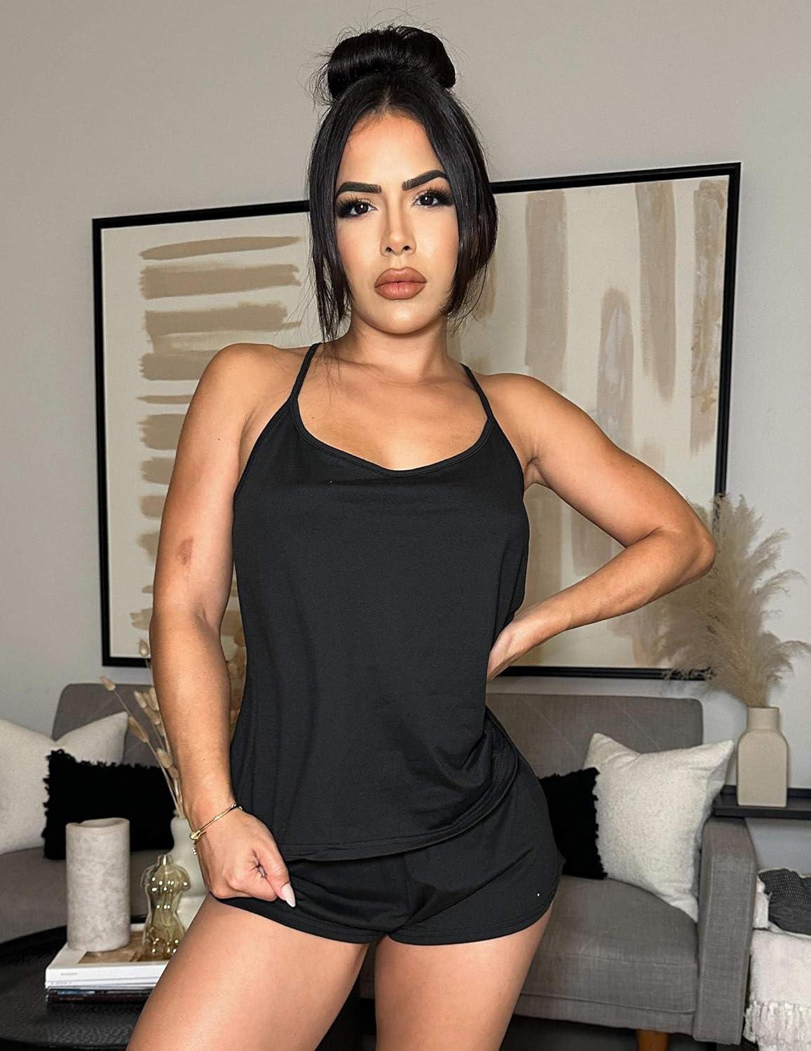 imageEkouaer Womens Cami Pajama Sets Soft Shorts Lingerie Set Camisole 2 Piece Cami Shorts Pj NightwearBlack