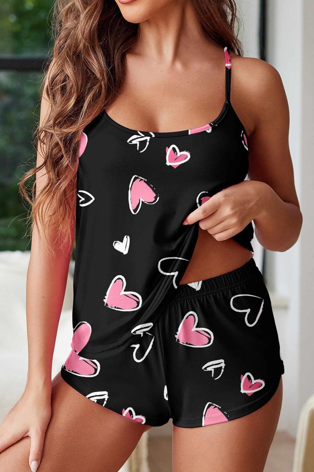 imageEkouaer Womens Cami Pajama Sets Soft Shorts Lingerie Set Camisole 2 Piece Cami Shorts Pj NightwearBlack Heart