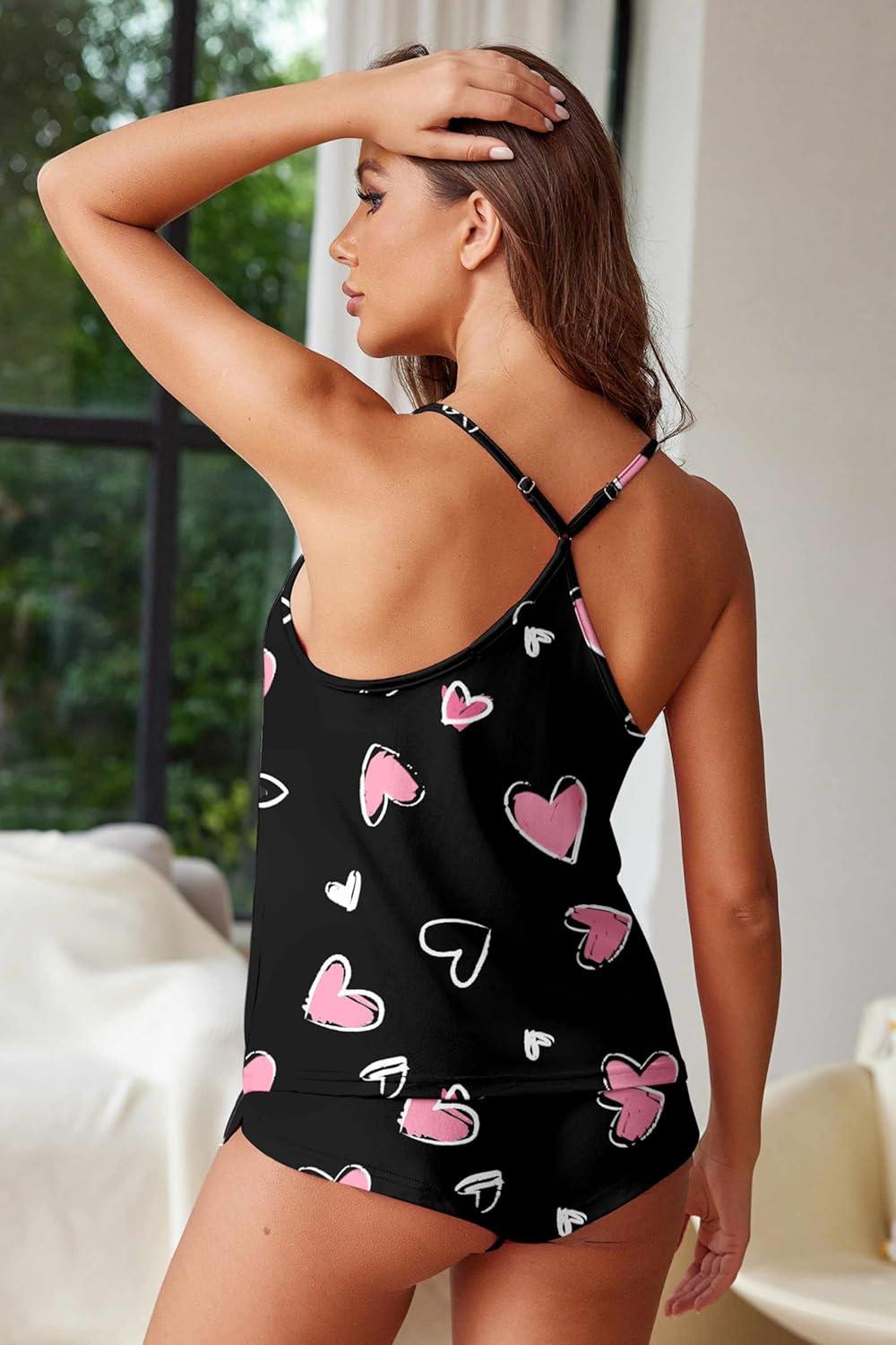 imageEkouaer Womens Cami Pajama Sets Soft Shorts Lingerie Set Camisole 2 Piece Cami Shorts Pj NightwearBlack Heart