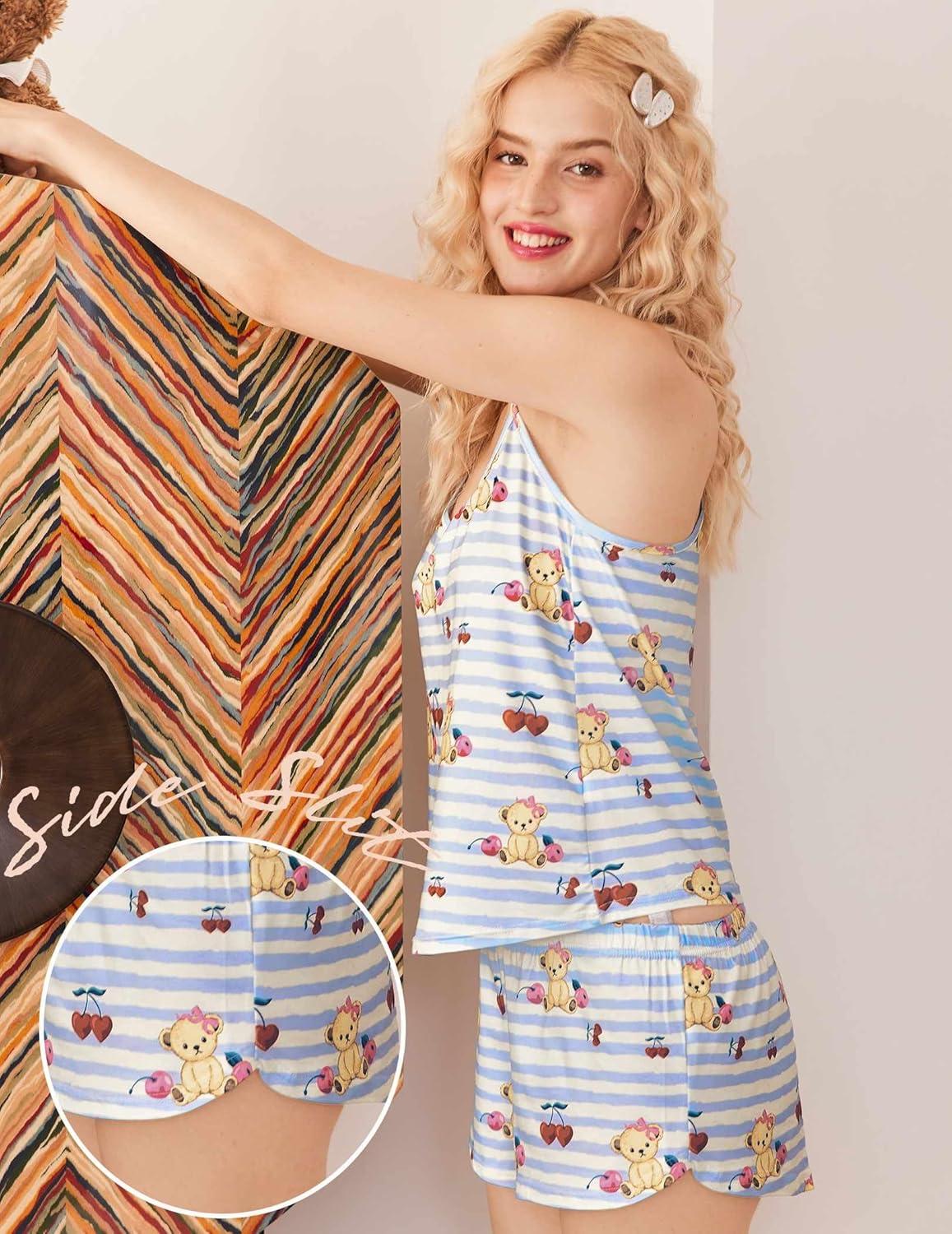 imageEkouaer Womens Cami Pajama Sets Soft Shorts Lingerie Set Camisole 2 Piece Cami Shorts Pj NightwearBlue Striped Teddy