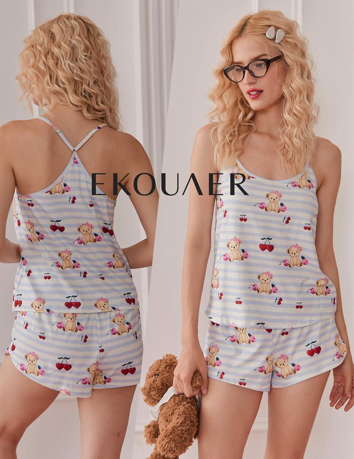 imageEkouaer Womens Cami Pajama Sets Soft Shorts Lingerie Set Camisole 2 Piece Cami Shorts Pj NightwearBlue Striped Teddy