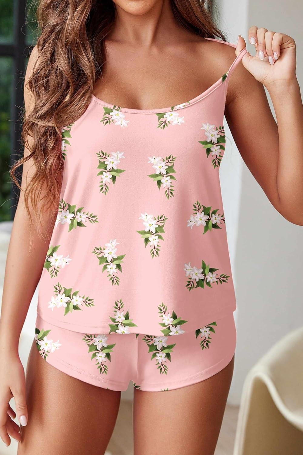 imageEkouaer Womens Cami Pajama Sets Soft Shorts Lingerie Set Camisole 2 Piece Cami Shorts Pj NightwearPink Floral