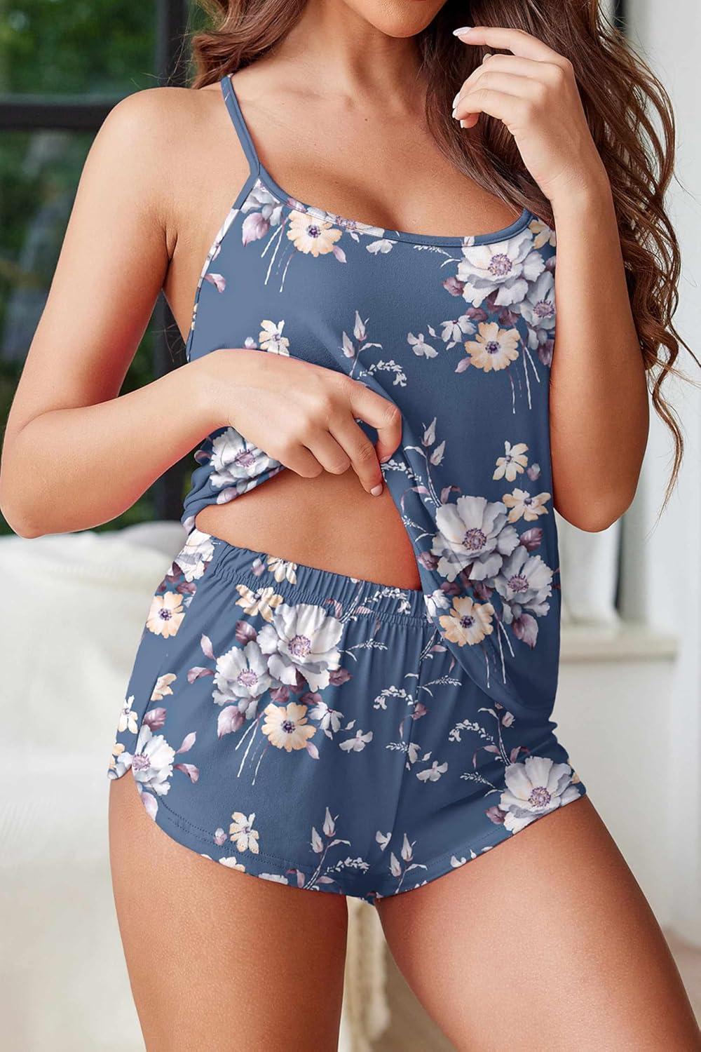 imageEkouaer Womens Cami Pajama Sets Soft Shorts Lingerie Set Camisole 2 Piece Cami Shorts Pj NightwearPurple Floral