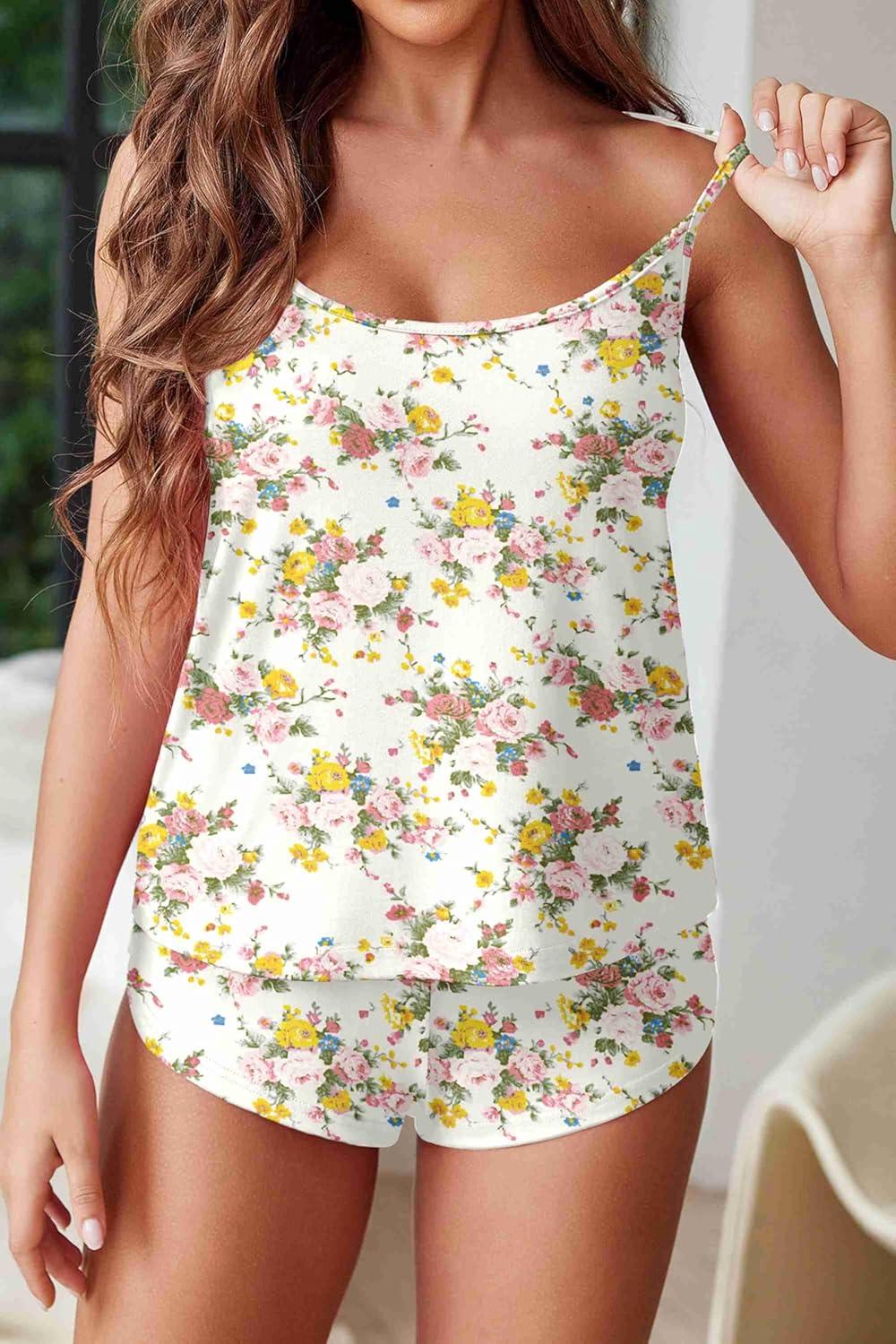 imageEkouaer Womens Cami Pajama Sets Soft Shorts Lingerie Set Camisole 2 Piece Cami Shorts Pj NightwearWhite Floral