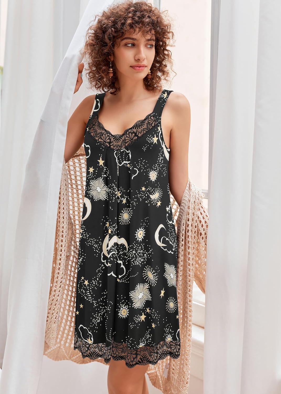 imageEkouaer Womens Nightgown Vneck Chemise Sleepwear Lace Nightwear Soft Lingerie for WomenBlack Moon Print