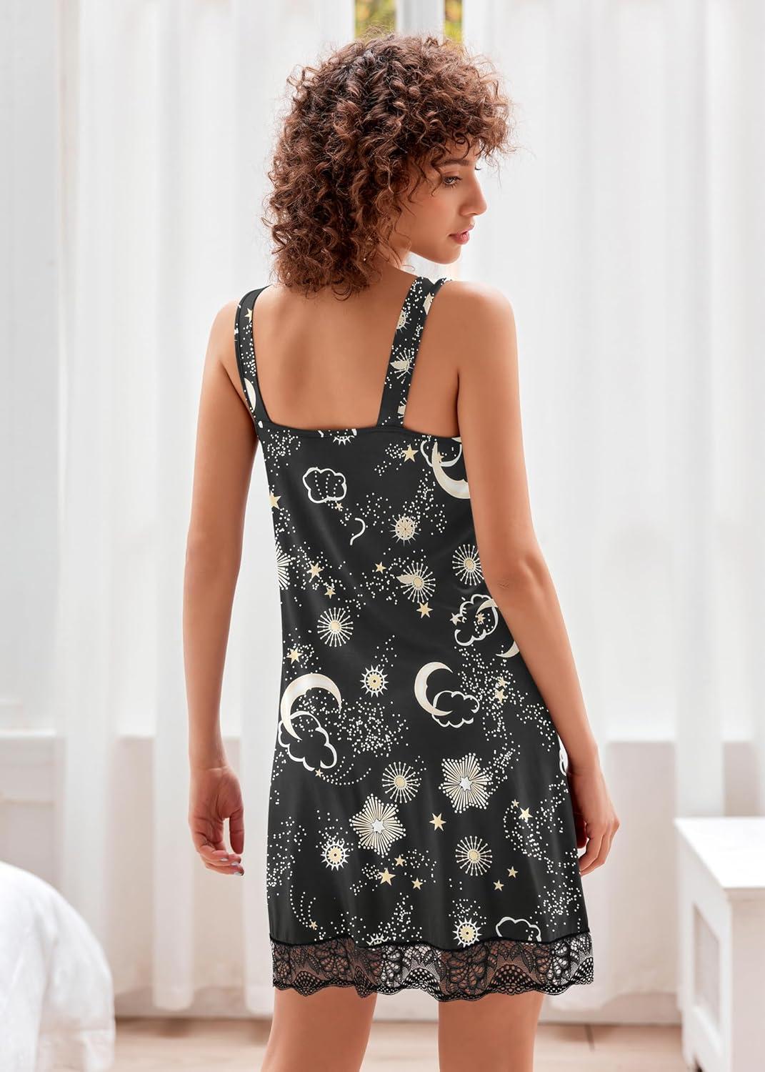 imageEkouaer Womens Nightgown Vneck Chemise Sleepwear Lace Nightwear Soft Lingerie for WomenBlack Moon Print