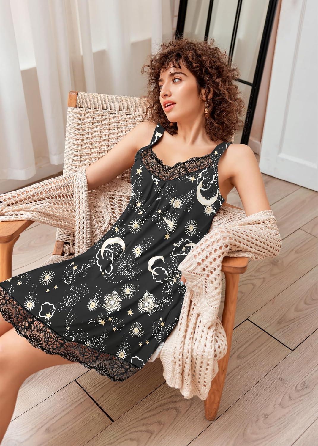 imageEkouaer Womens Nightgown Vneck Chemise Sleepwear Lace Nightwear Soft Lingerie for WomenBlack Moon Print