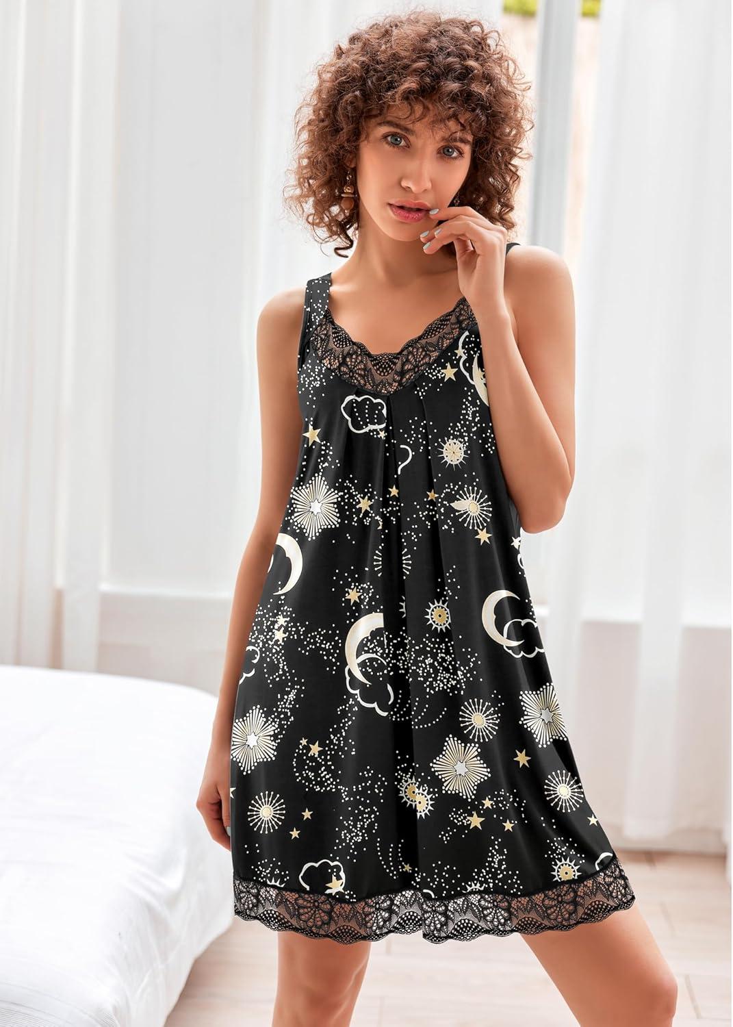 imageEkouaer Womens Nightgown Vneck Chemise Sleepwear Lace Nightwear Soft Lingerie for WomenBlack Moon Print
