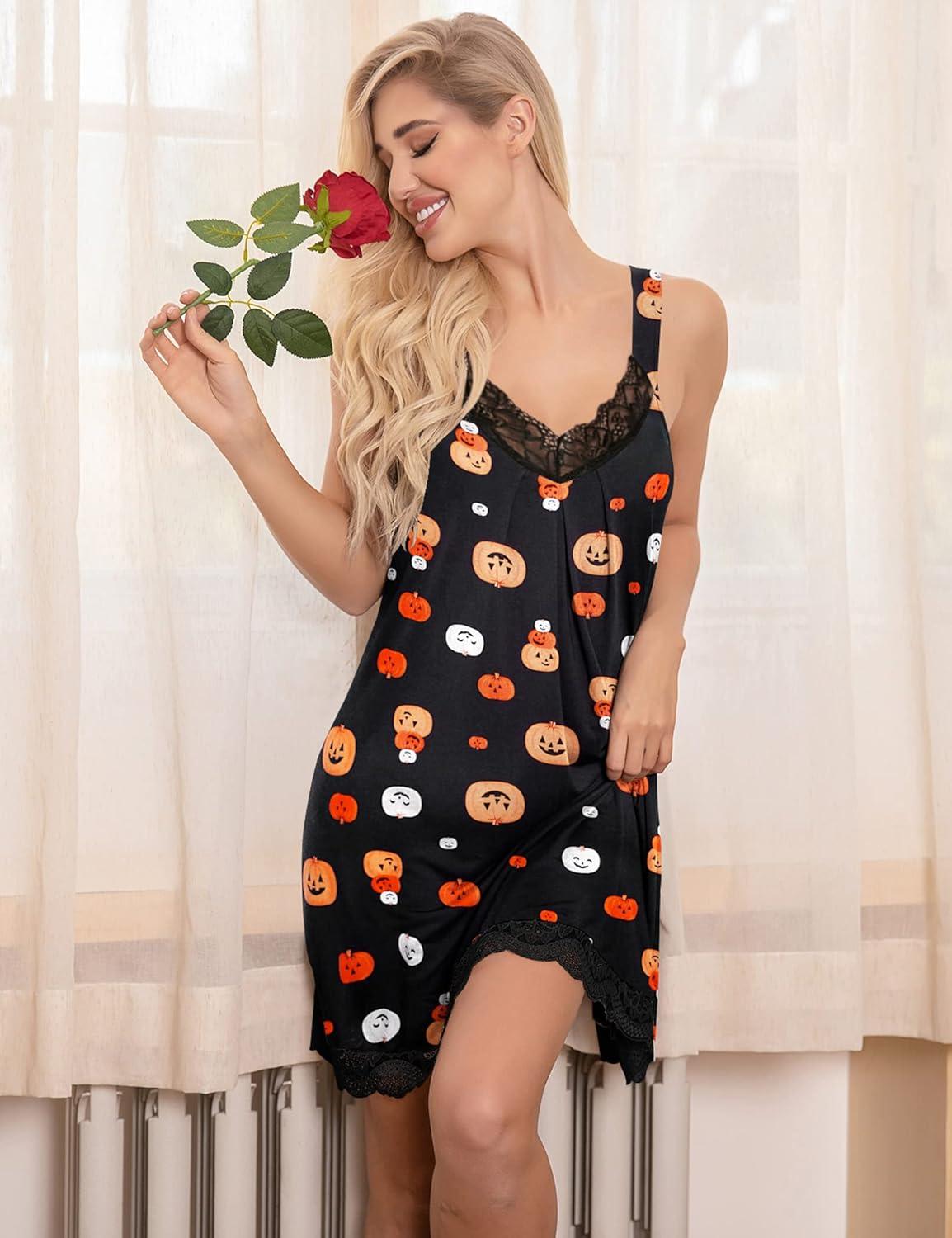 imageEkouaer Womens Nightgown Vneck Chemise Sleepwear Lace Nightwear Soft Lingerie for WomenBlack Pumpkin