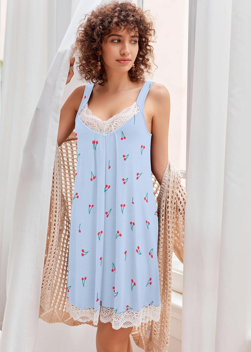 imageEkouaer Womens Nightgown Vneck Chemise Sleepwear Lace Nightwear Soft Lingerie for WomenLight Blue Cherry Print