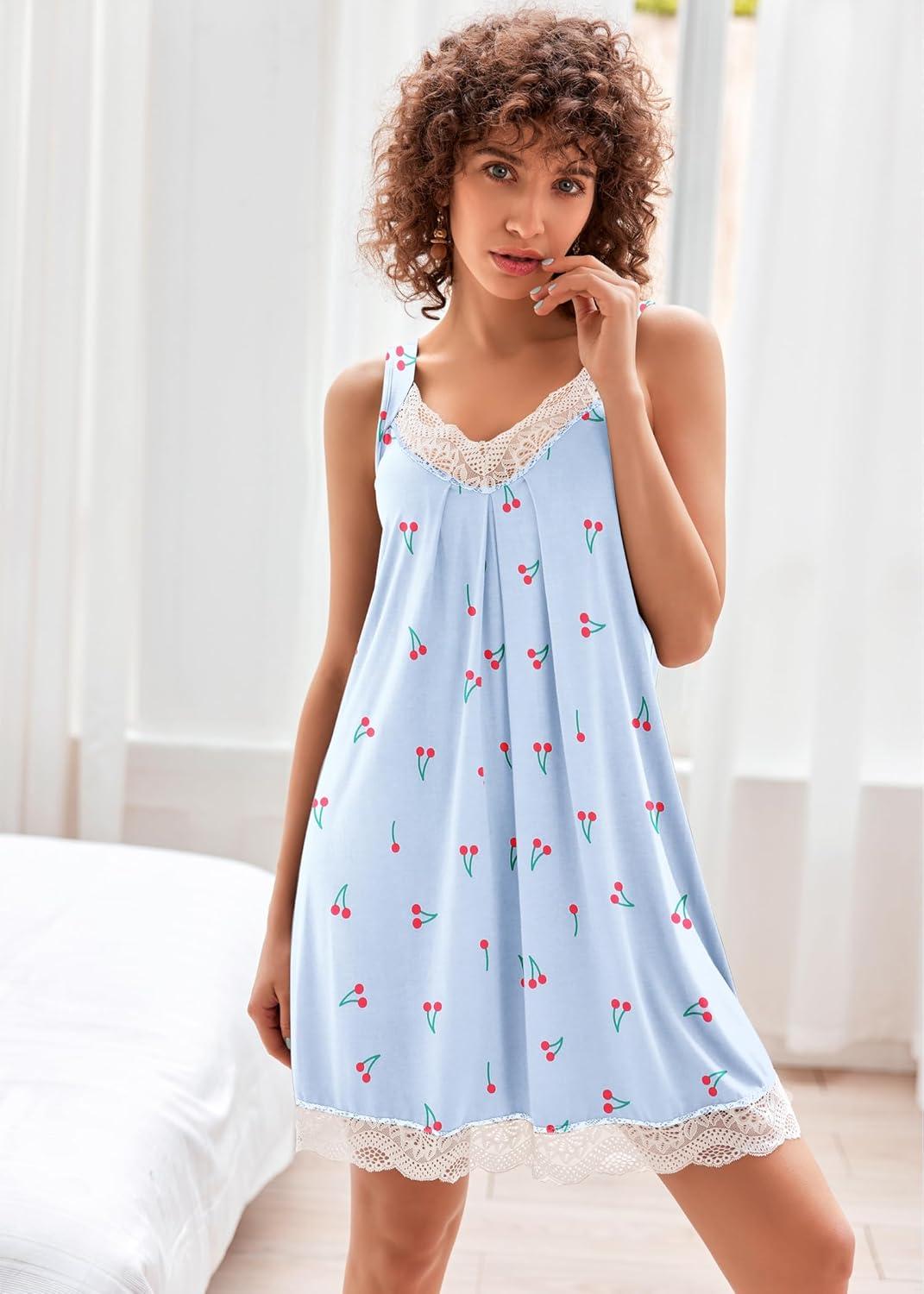 imageEkouaer Womens Nightgown Vneck Chemise Sleepwear Lace Nightwear Soft Lingerie for WomenLight Blue Cherry Print