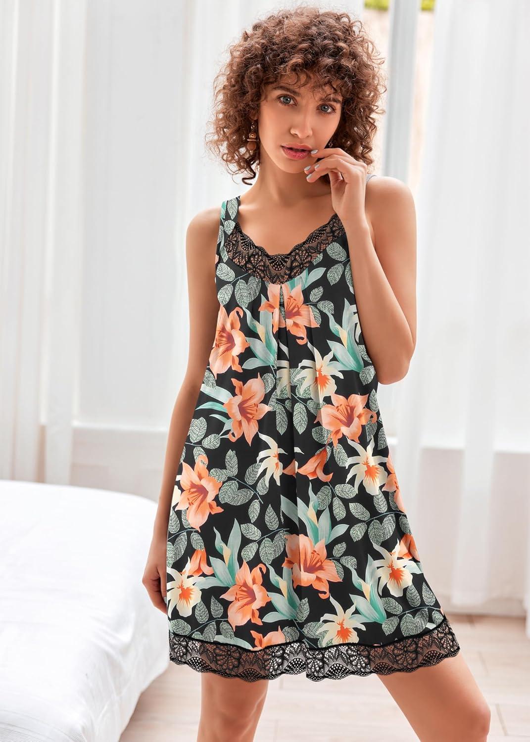 imageEkouaer Womens Nightgown Vneck Chemise Sleepwear Lace Nightwear Soft Lingerie for WomenOrange Flower