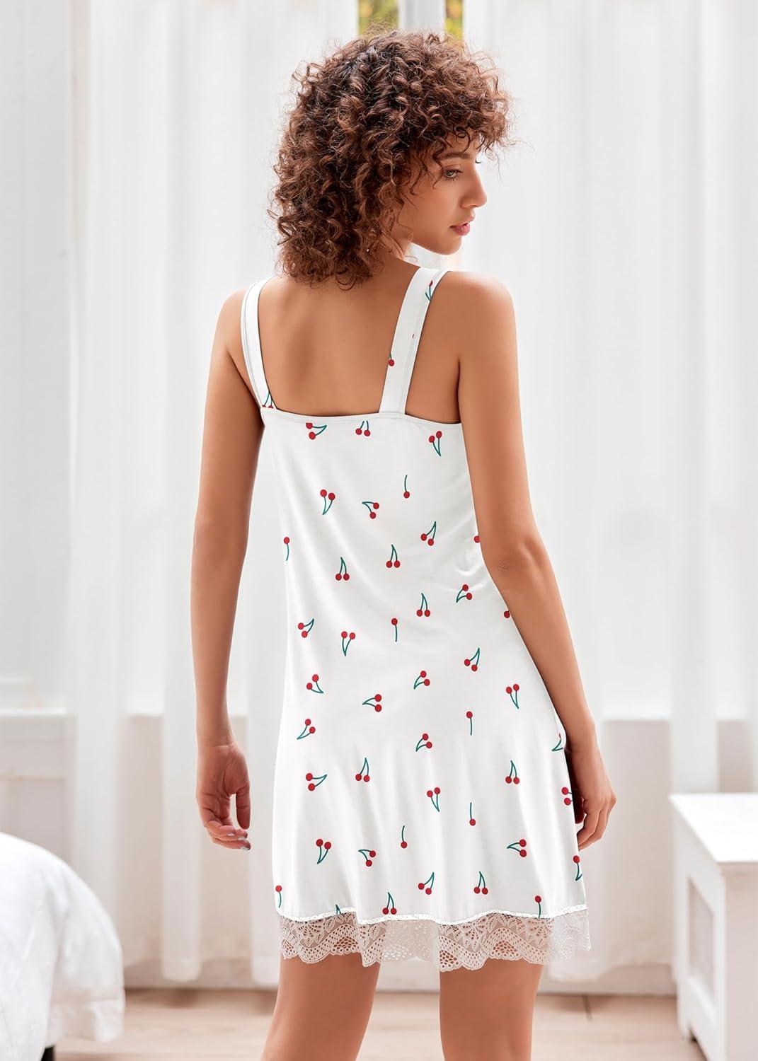 imageEkouaer Womens Nightgown Vneck Chemise Sleepwear Lace Nightwear Soft Lingerie for WomenWhite Cherry Print